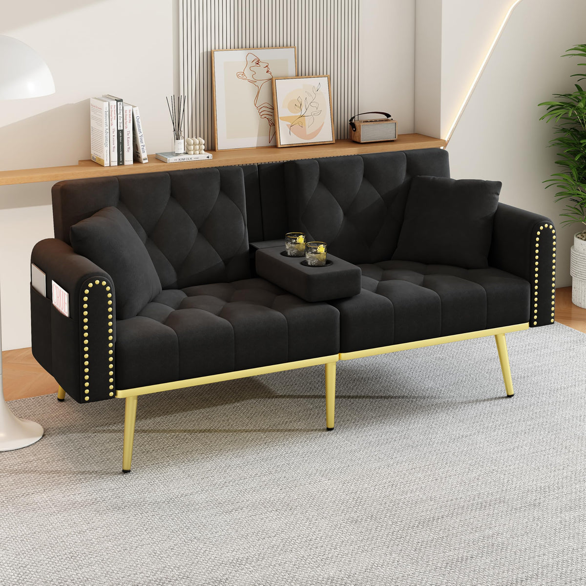 Azkoeesy Sofá cama de 2 plazas con soporte para bebidas, 175 cm, sofá cama con función de dormir, respaldo ajustable en 3 posiciones, patas metálicas doradas y remaches, para sala de estar y cine en