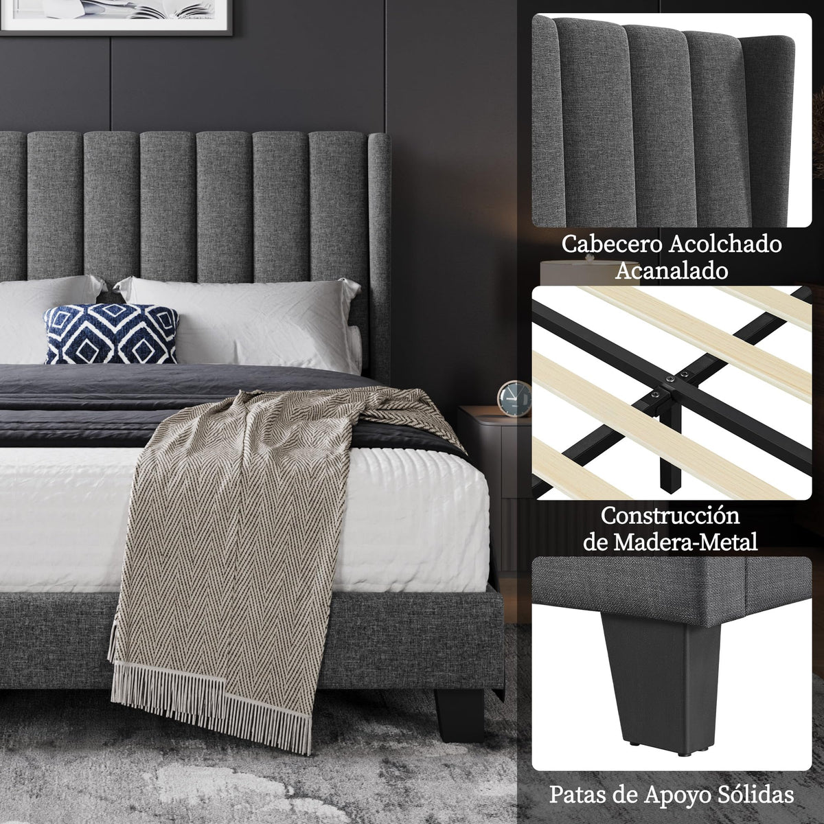 Yaheetech Cama Doble Tapizada 140 x 200cm con Somier de Lamas con Cabecero Rayado Moderno Estructura de Madera y Metal Marco de Cama para Adultos 2 Personas Beige