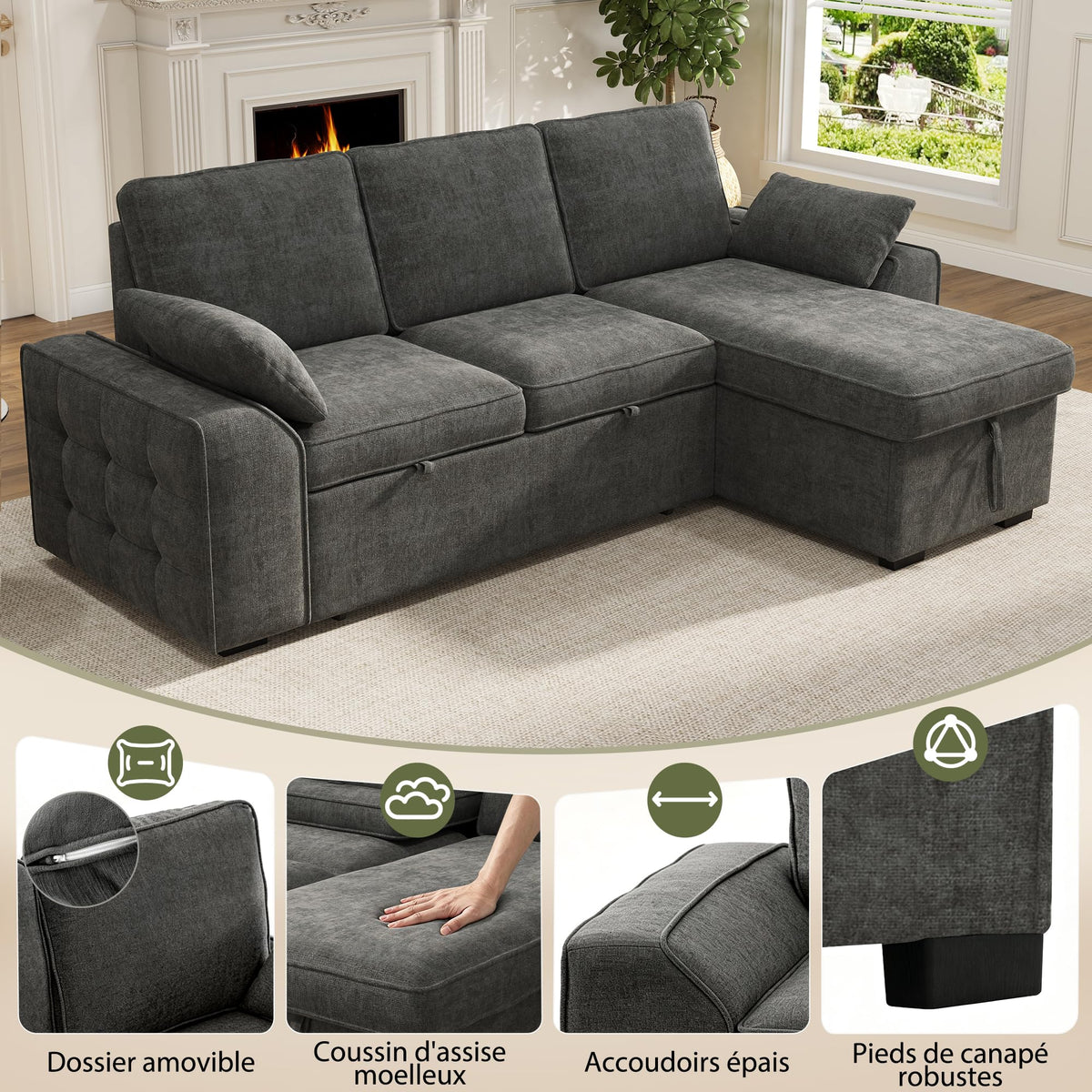 Sofá modular de 3 plazas con función cama extensible y USB/Type-C, sofá esquinero en forma de L con reposacabezas semifijos y compartimento de almacenamiento, sofás con chaise longue