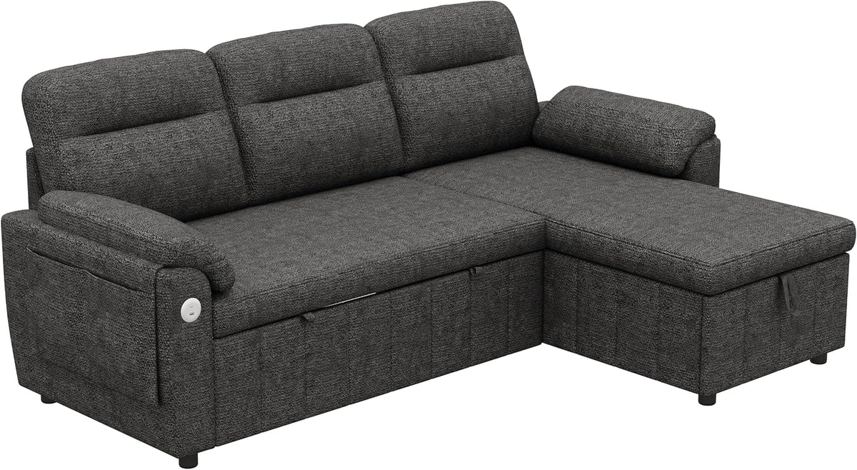 Sofá modular de 3 plazas con función cama extensible y USB/Type-C, sofá esquinero en forma de L con reposacabezas semifijos y compartimento de almacenamiento, sofás con chaise longue