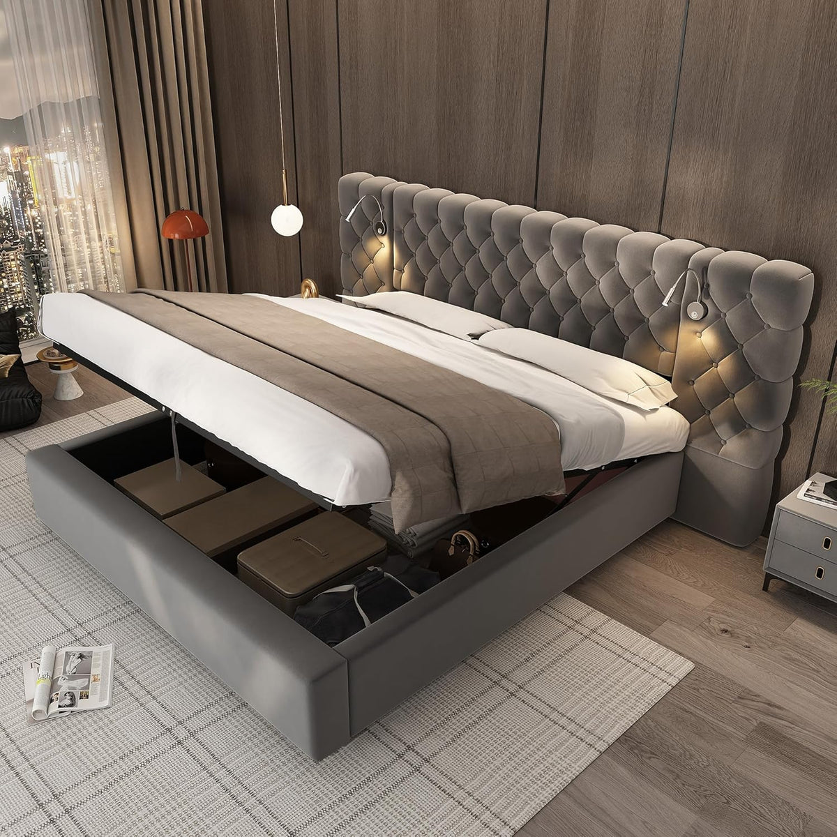 Cama Tapizada 180x200, Cama Doble con LED iluminación y Espacio de Almacenamiento, Hidráulica Modern Cama Matrimonio Juvenil con Cabecero Ancho y Suave y Somier, Gris, Terciopelo, Sin Colchón