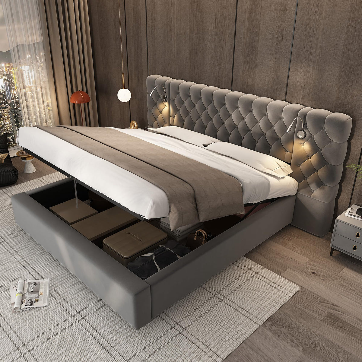 Cama 180x200 cm Camas Matrimoniales con LED y Lámpara de Noche, Cama Doble Tapizada con USB y Cabecero Ancho, Almacenaje Hidráulico, Soporte de Lamas de Madera, Terciopelo, Sin Colchón, Gris