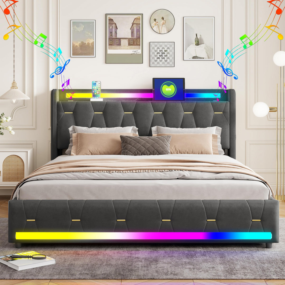 Estructura de Cama de Cuero 160x200cm con Carga USB Type-C, Blanco