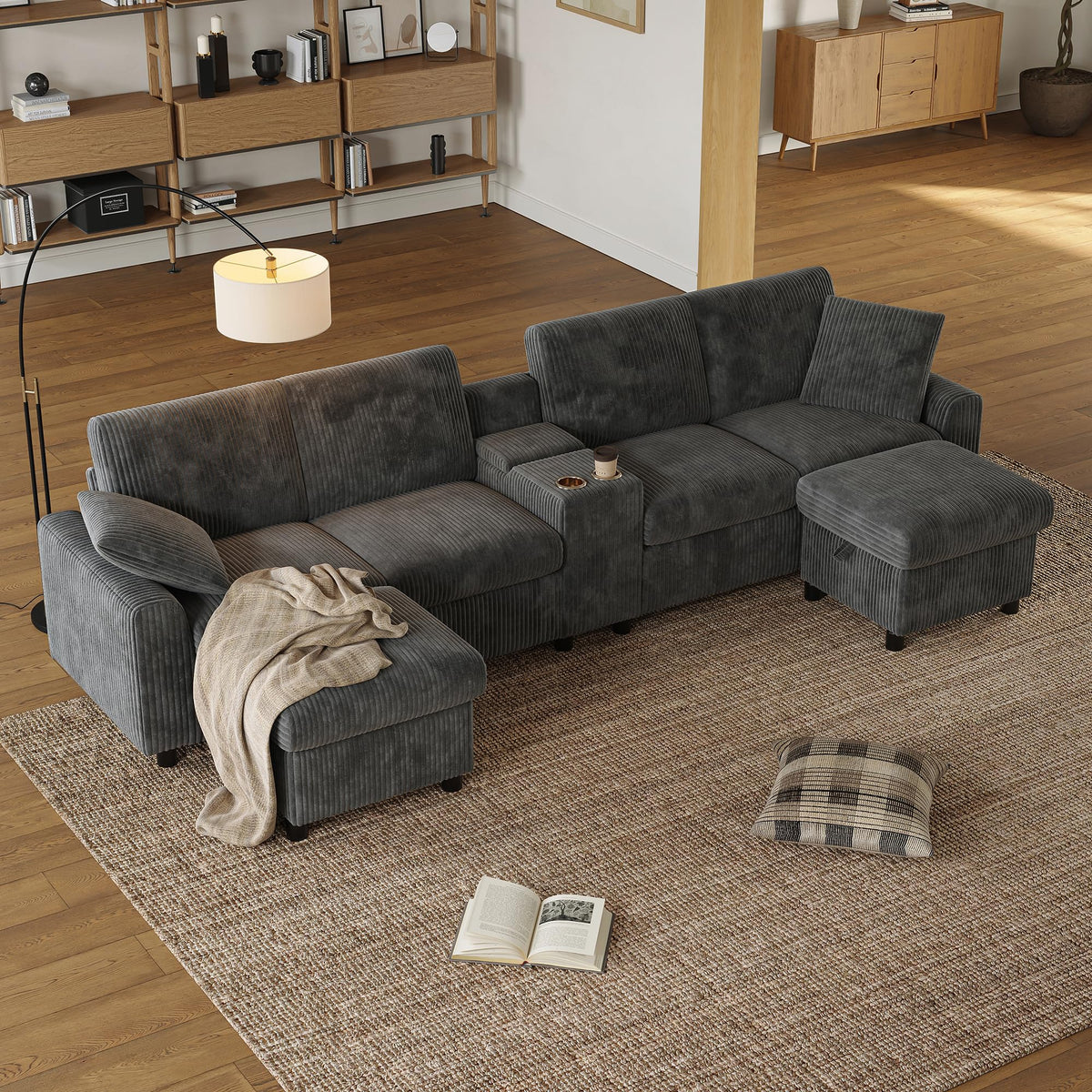 LAKFEW Sofa Cama con Cama Extensible y Taburete Almacenaje, Sofa Rinconera con USB, Lámpara de Lectura, Mesa Plegable con 2 Posavasos, 205x205x85 cm, Gris