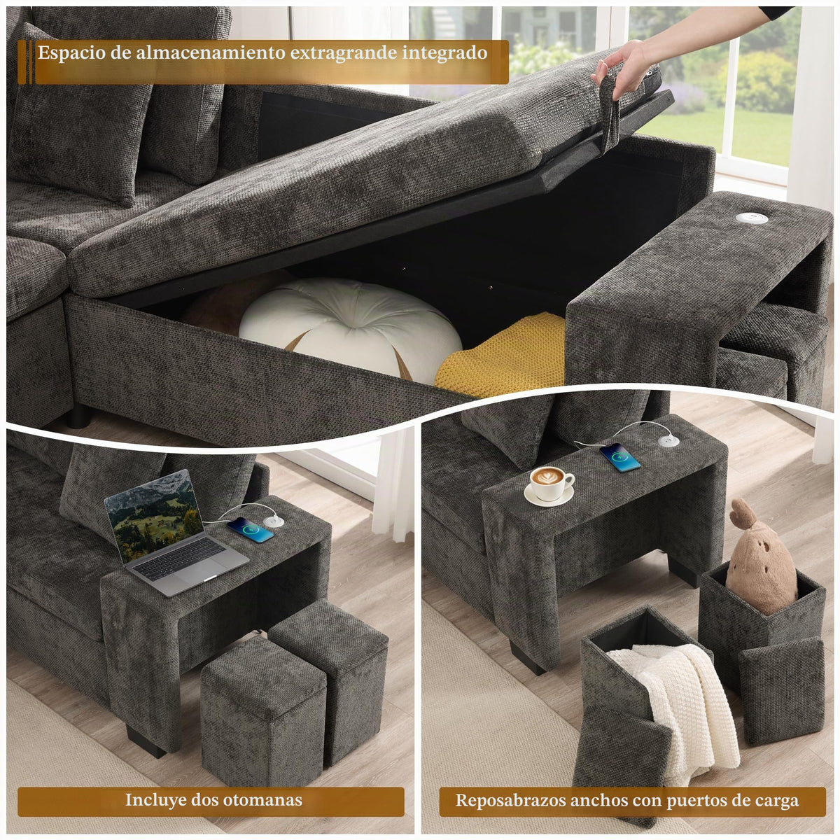 Sofá esquinero extensible en forma de L con puerto USB y portavasos, sofá cama de 4 plazas con función cama, sofá convertible con espacio de almacenamiento y reposabrazos, cojines, chenilla