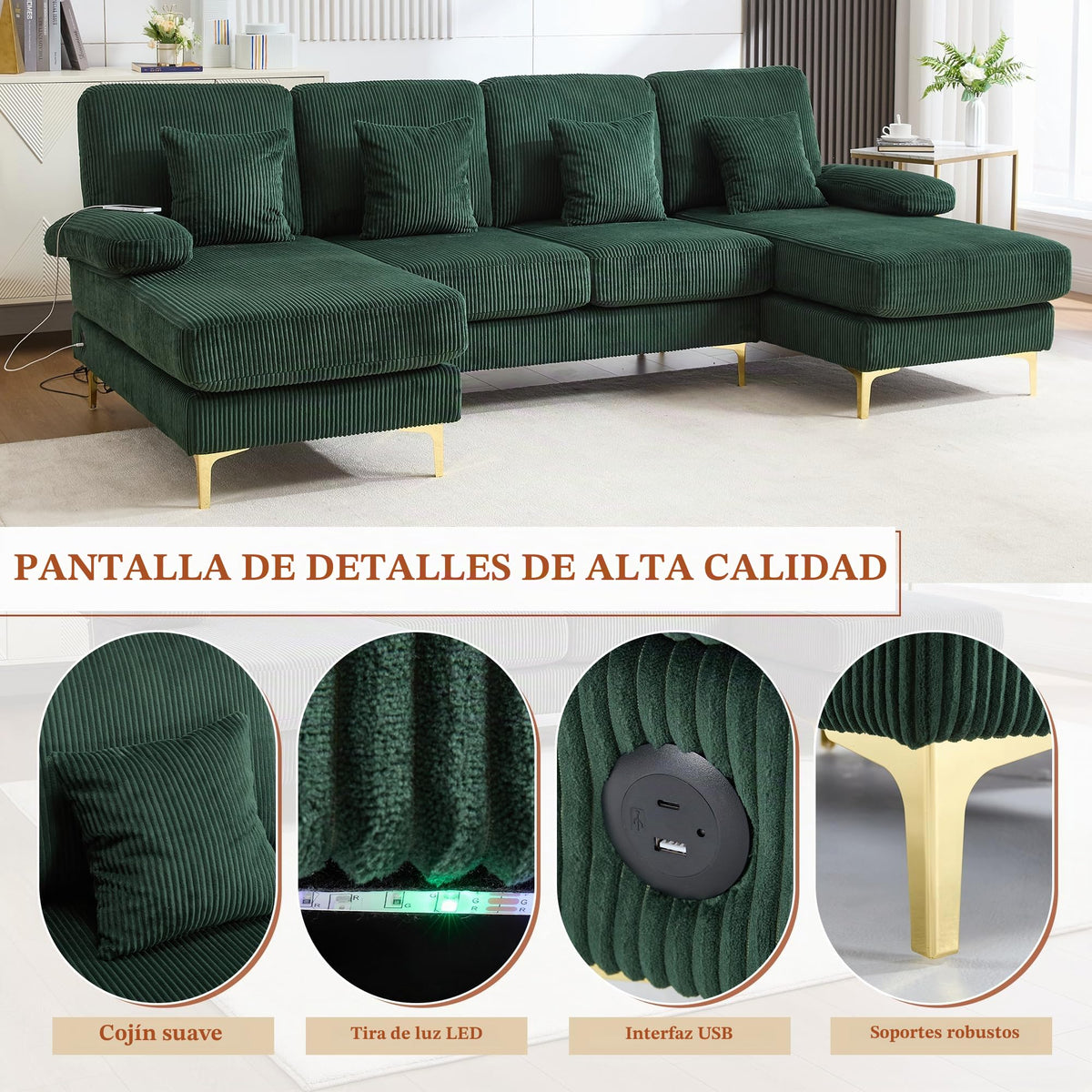Sapgaks Sofá Seccional en U Moderno,Sofá 4 plazas,Mueble Acolchado de diseño Moderno,Tela de Chenilla (Beige)