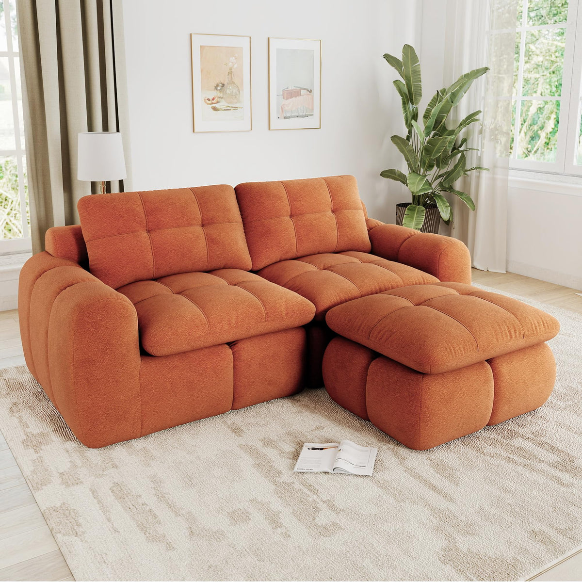 Sofá de 3 plazas con 1 taburete chenilla beige