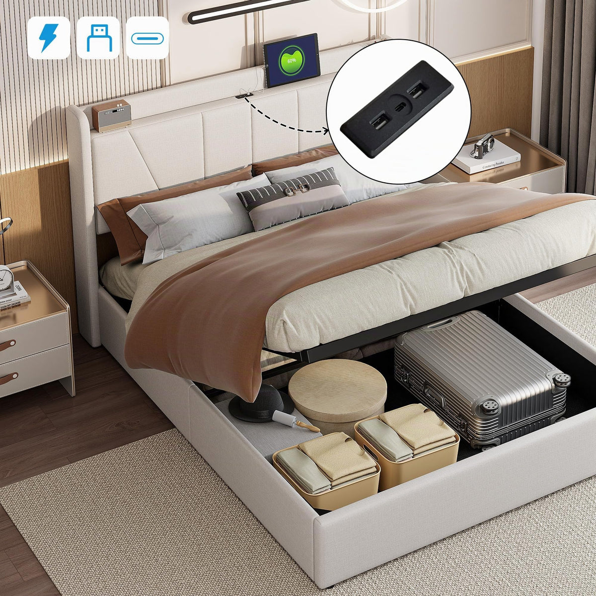 Cama tapizada de 160 x 200 cm, cama doble LED con espacio de almacenamiento, cabecero y función de carga USB C, cama de almacenamiento hidráulico, respaldo con somier de láminas de madera