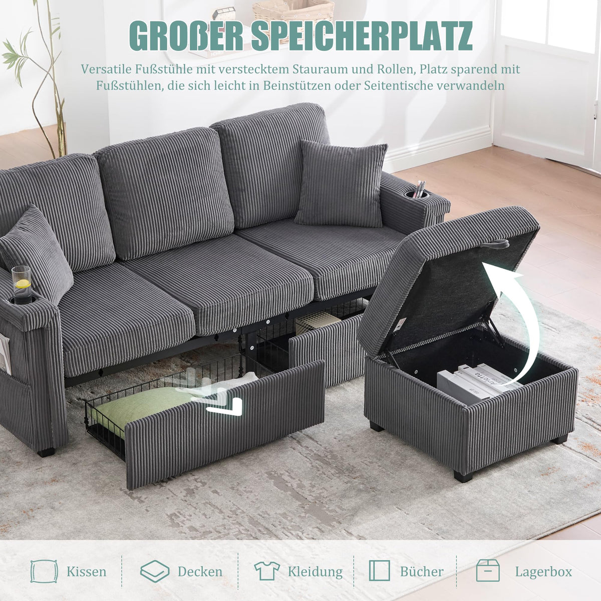 Dolamaní Sofá de terciopelo de 3 plazas con 2 cajones, soporte para bebidas, bolsillos laterales y reposapiés para sala de estar, dormitorio y oficina (beige)