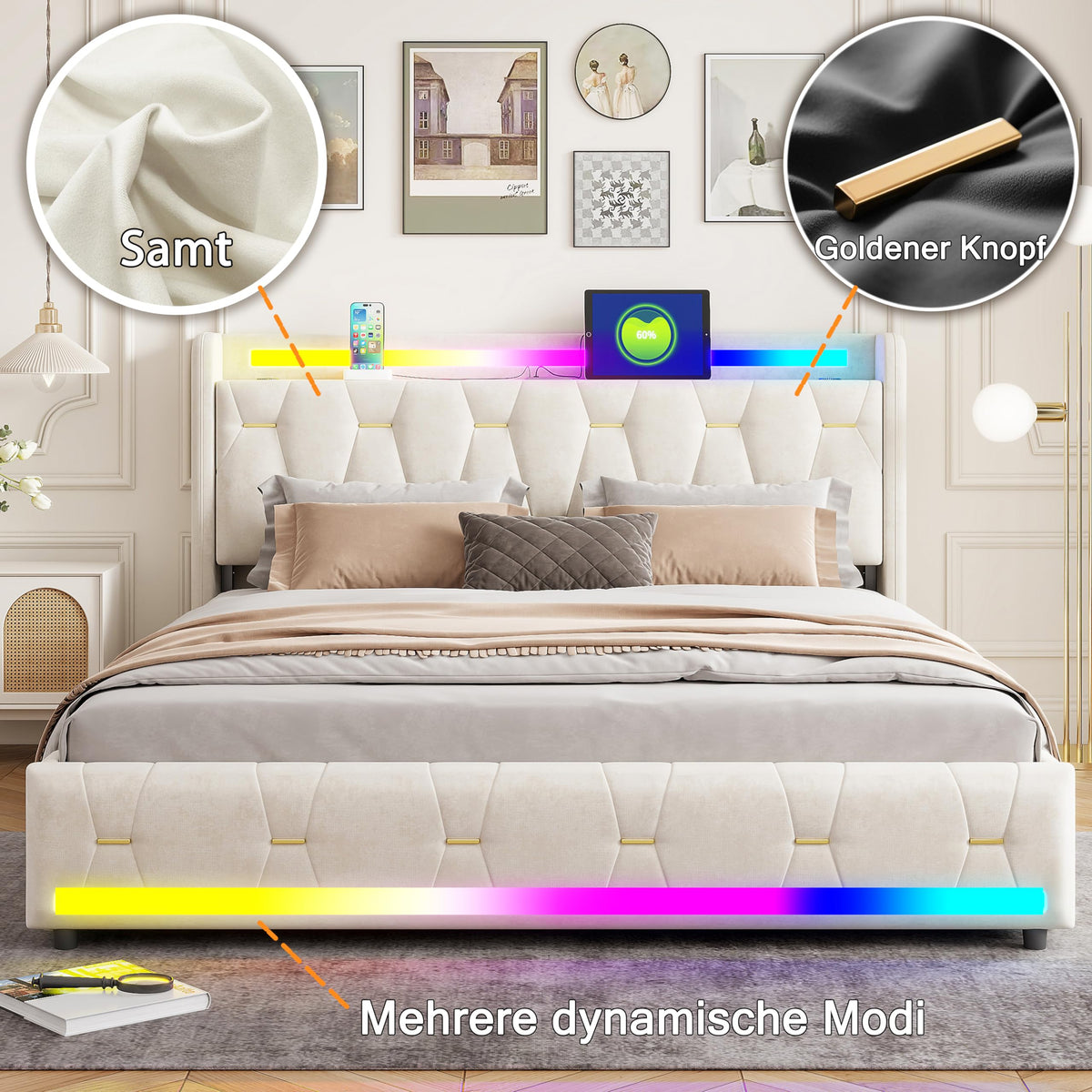 Estructura de Cama de Cuero 160x200cm con Carga USB Type-C, Blanco