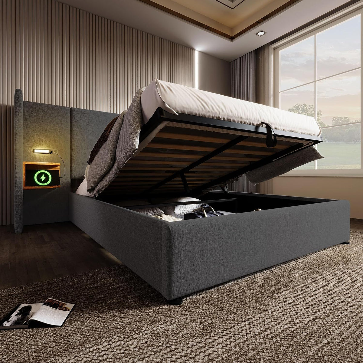 Camas Matrimoniales 160x200 con Cabecero Extendido y Espacio de Almacenaje Hidráulica, Cama Matrimonio con Lámpara de Lectura, Cama Doble con Puerto USB y Tipo C, Lino, Gris, Sin Colchón