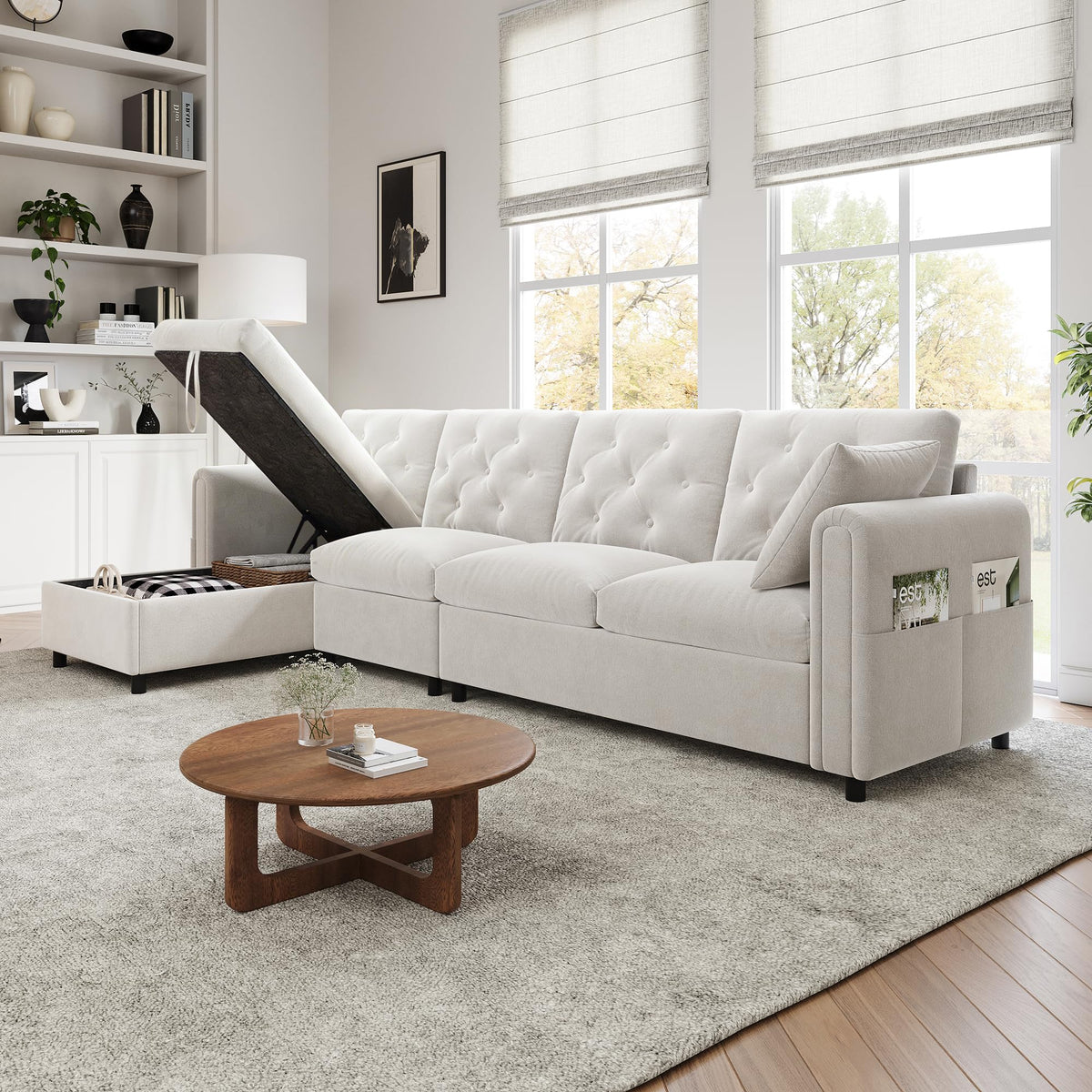 LAKFEW Sofa Cama con Cama Extensible y Taburete Almacenaje, Sofa Rinconera con USB, Lámpara de Lectura, Mesa Plegable con 2 Posavasos, 205x205x85 cm, Gris