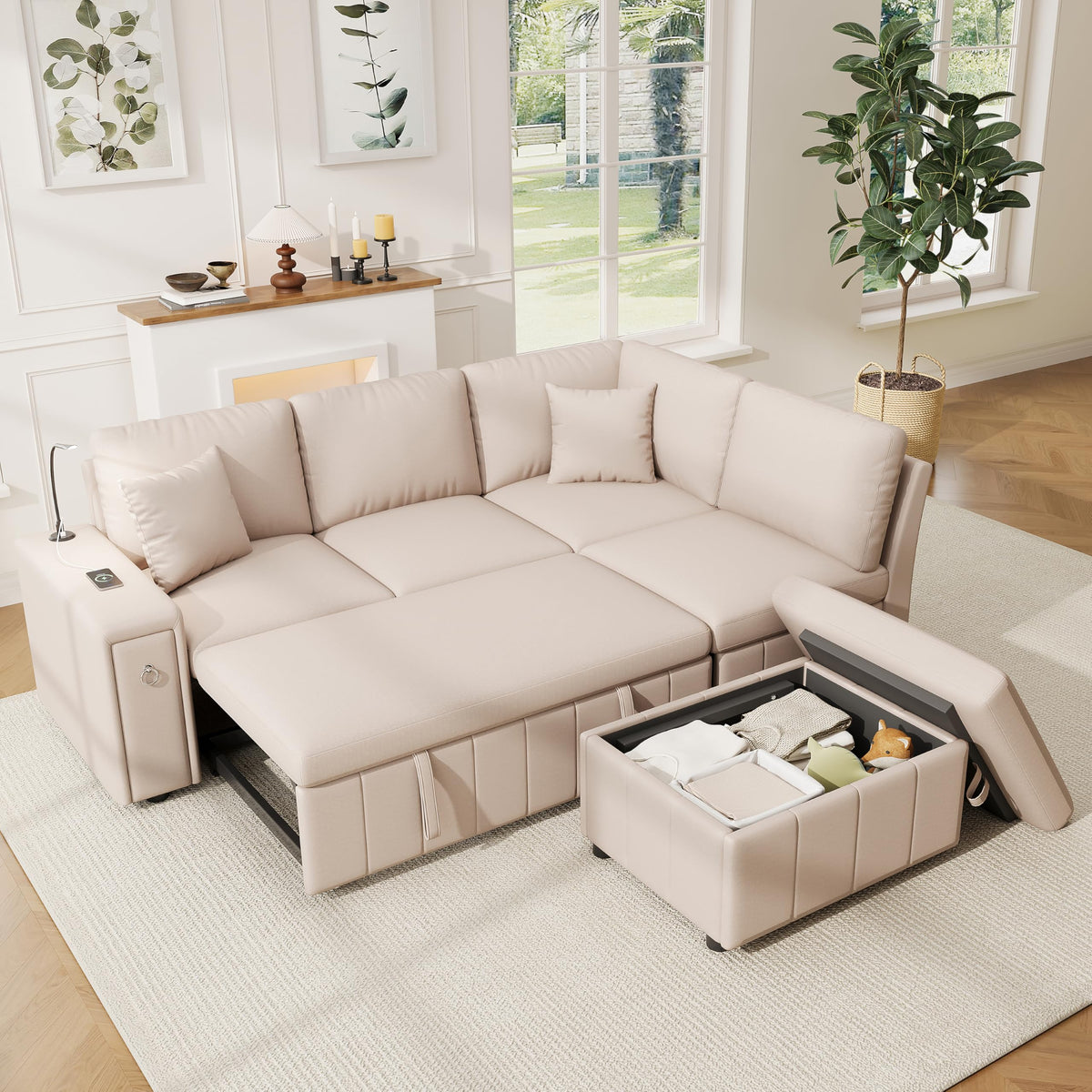 Sofá esquinero extensible en forma de L con puerto USB y portavasos, sofá cama de 4 plazas con función cama, sofá convertible con espacio de almacenamiento y reposabrazos, cojines, chenilla