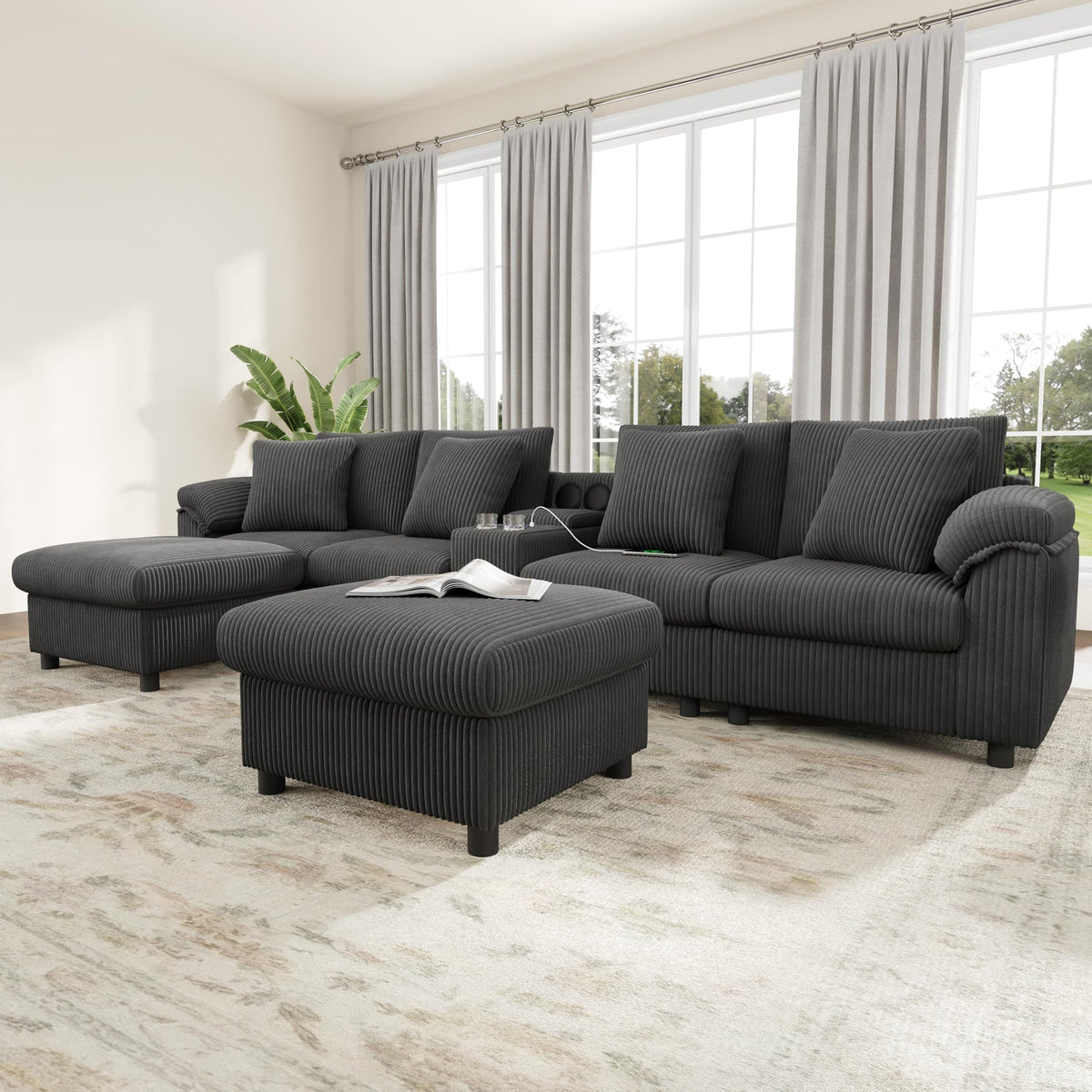 Sofá modular de 6 plazas, sofá esquinero en forma de L/U, puertos USB/tipo C, portavasos y espacio de almacenamiento, tela de chenilla, 7 cojines, salón, dormitorio y oficina, color beige