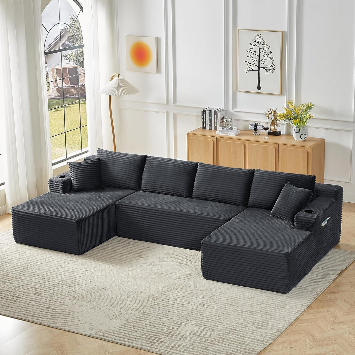 Bladez Sofá esquinero modular en forma de U de pana de 3 plazas gris con otomana