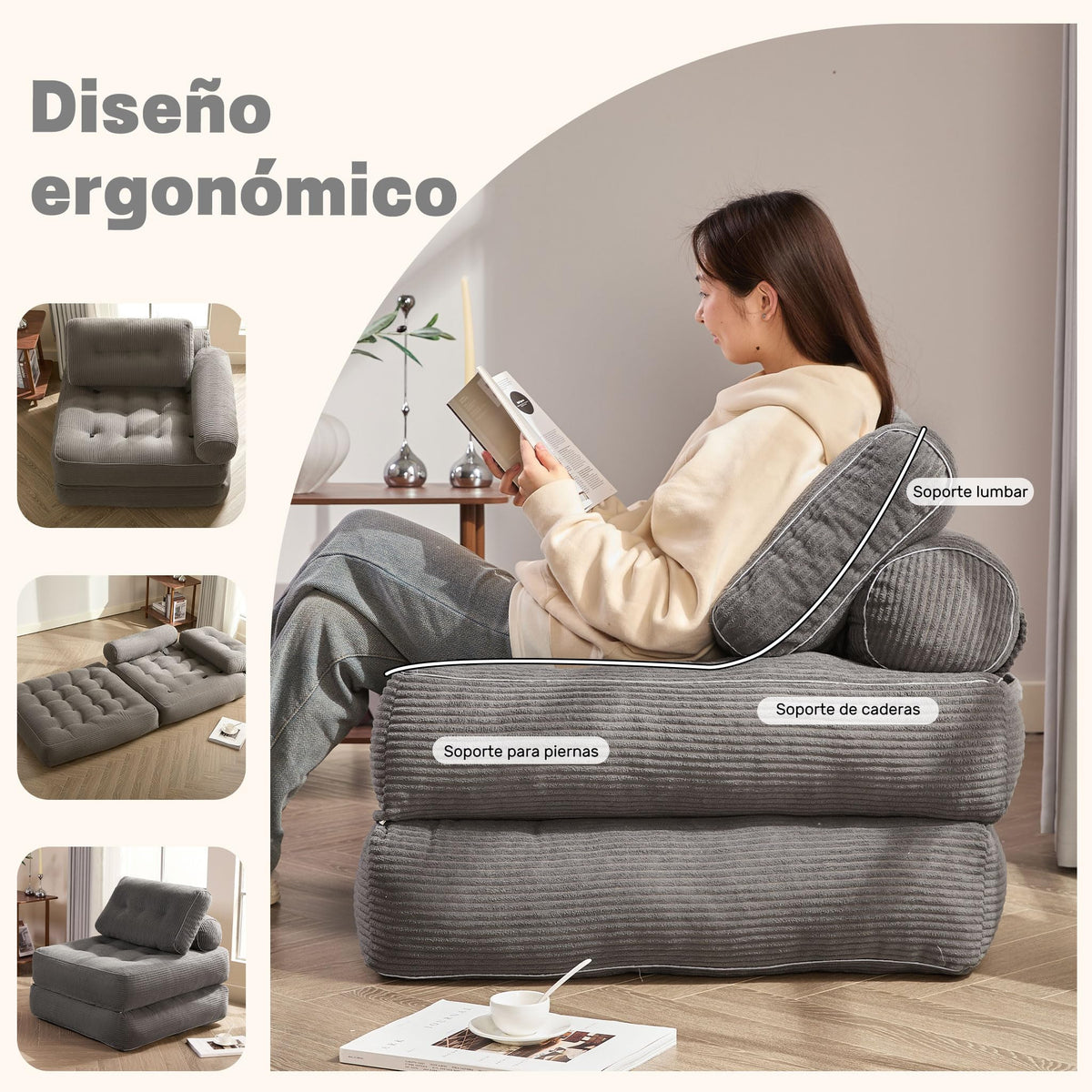 Sofá Convertible 4 en 1, Sofá Cama 1 Plaza, Pana, Negro