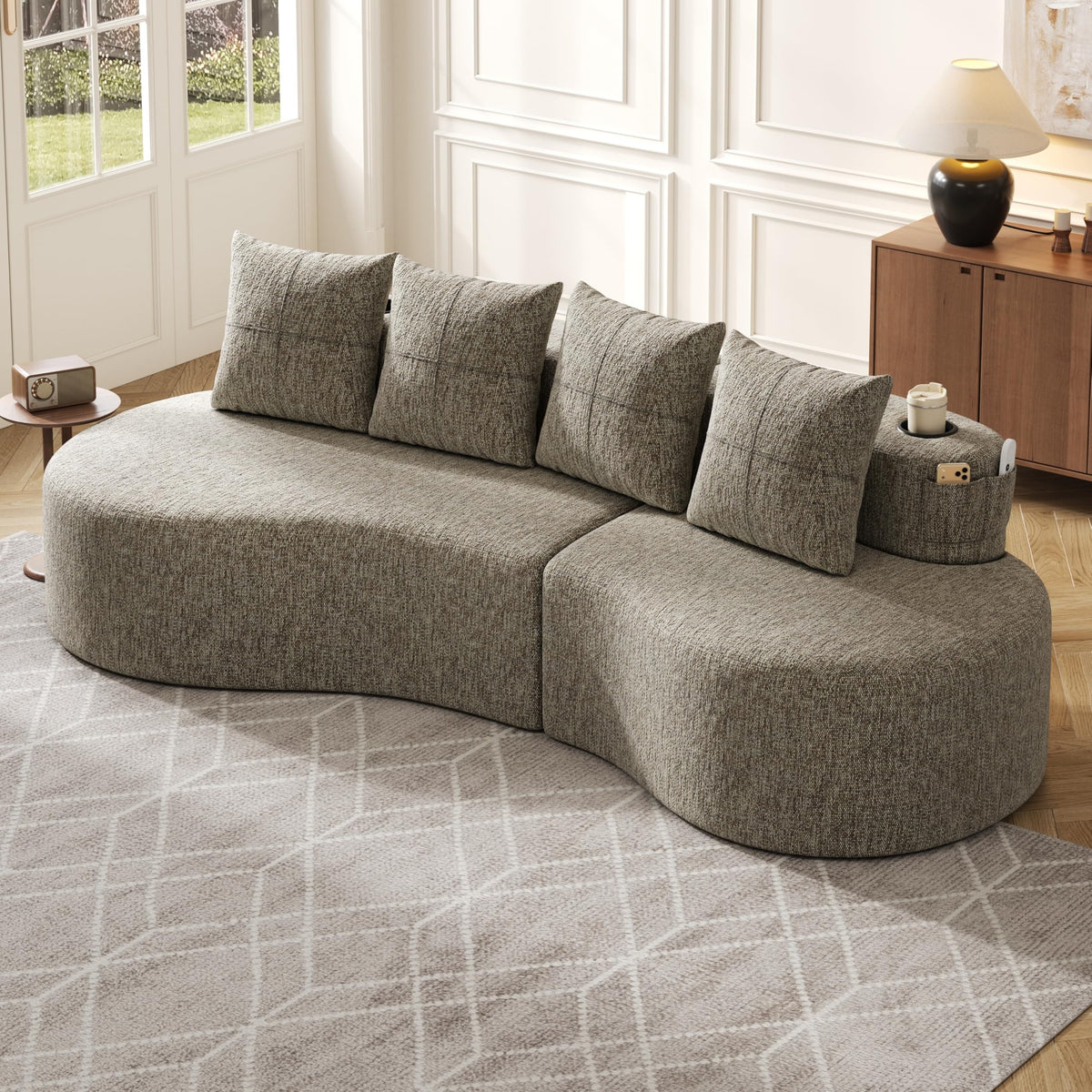Bladez Sofá esquinero moderno curvado de 5 plazas, sofá modular de terciopelo, diseño curvado, cómodo sofá tapizado, cómodo sofá tapizado con cojines, adecuado para salón y apartamento, color blanco