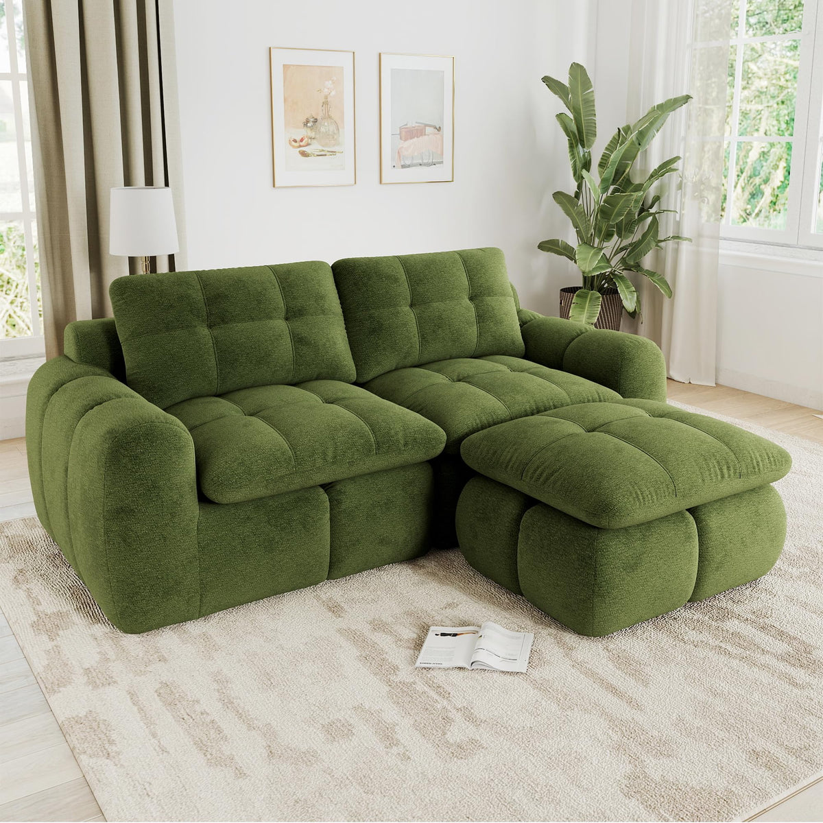 Sofá de 3 plazas con 1 taburete chenilla beige