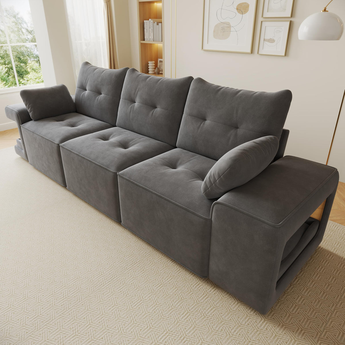 Sofá modular de 6 plazas, sofá esquinero en forma de L/U, puertos USB/tipo C, portavasos y espacio de almacenamiento, tela de chenilla, 7 cojines, salón, dormitorio y oficina, color beige