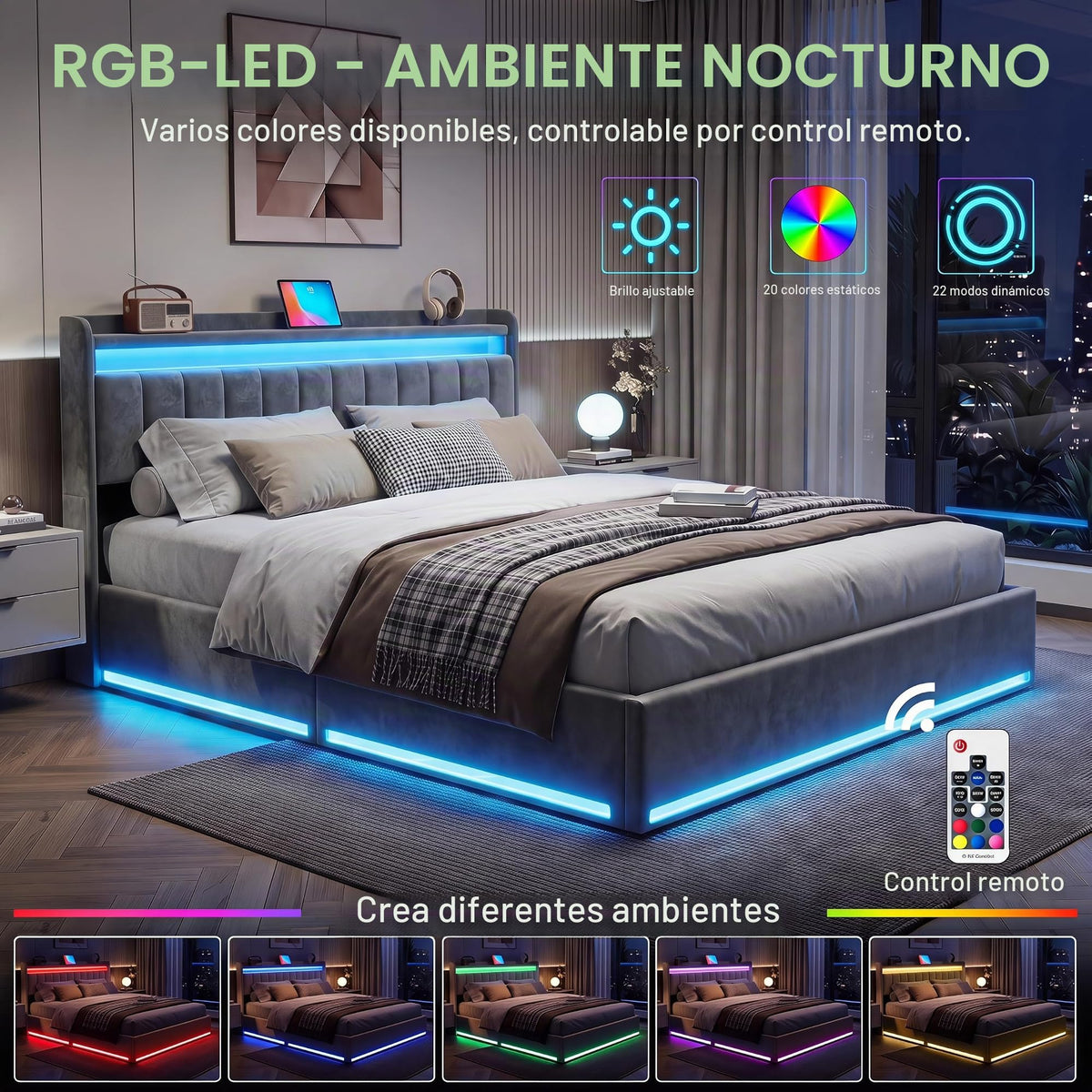 Cama tapizada de 160 x 200 cm, cama doble LED con espacio de almacenamiento, cabecero y función de carga USB C, cama de almacenamiento hidráulico, respaldo con somier de láminas de madera
