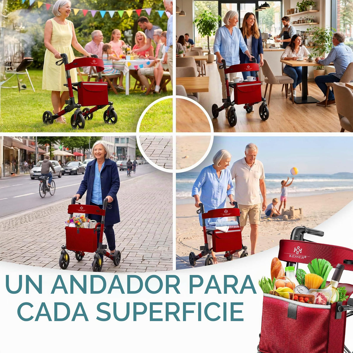 KESSER® Andador plegable con asiento y respaldo, 4 Ruedas/Frenos/Saco de Compra y Porta Bastón, Altura Ajustable 82-94cm, Andador, Carro, Rollator para Ancianos Gris
