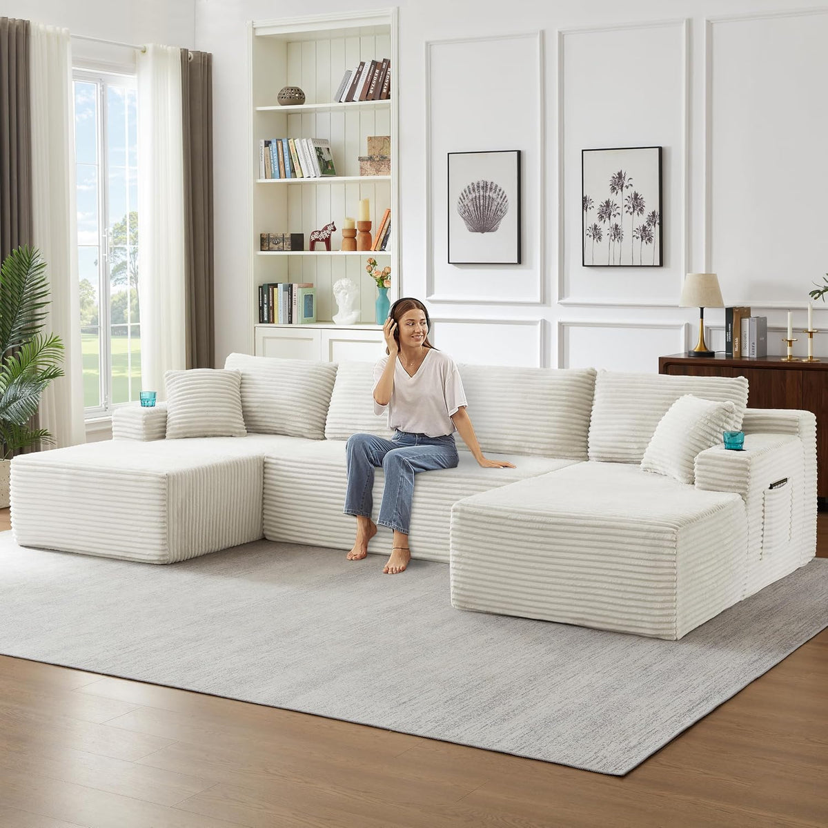 Bladez Sofá esquinero modular en forma de U de pana de 3 plazas gris con otomana