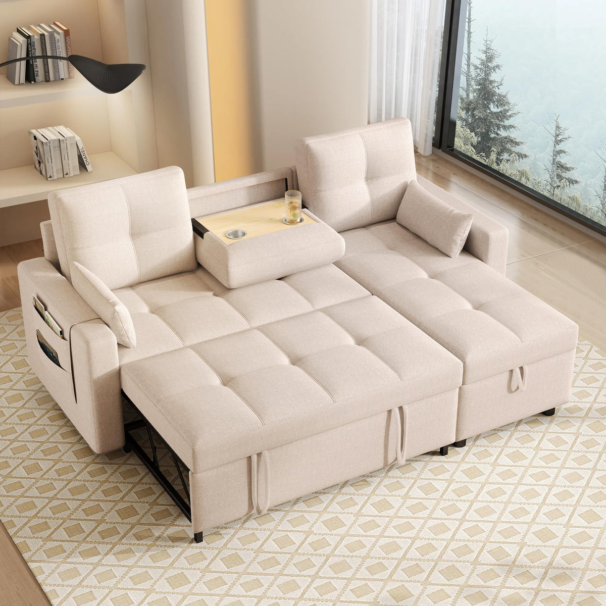 Sofá esquinero extensible en forma de L con puerto USB y portavasos, sofá cama de 4 plazas con función cama, sofá convertible con espacio de almacenamiento y reposabrazos, cojines, chenilla