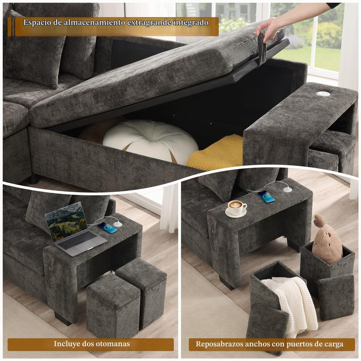 Sapgaks Sofá de esquina convertible de 6 plazas con USB, sofá convertible de 6 plazas, sofá de 6 plazas, en chenilla, con apoyabrazos en forma de librería, puf extraíble para configuraciones en L y en