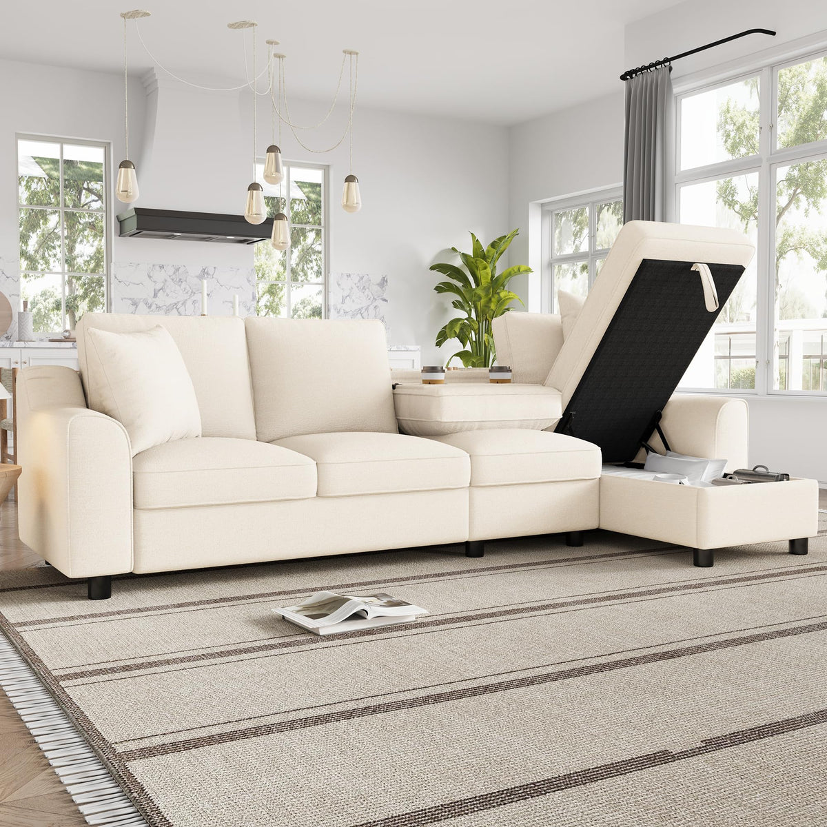 Sofá moderno de chenilla en forma de U con chaise longue, sofá esquinero de 4 plazas con espacio de almacenamiento, puerto USB y tipo C, modular, con soporte para bebidas y cojines suaves