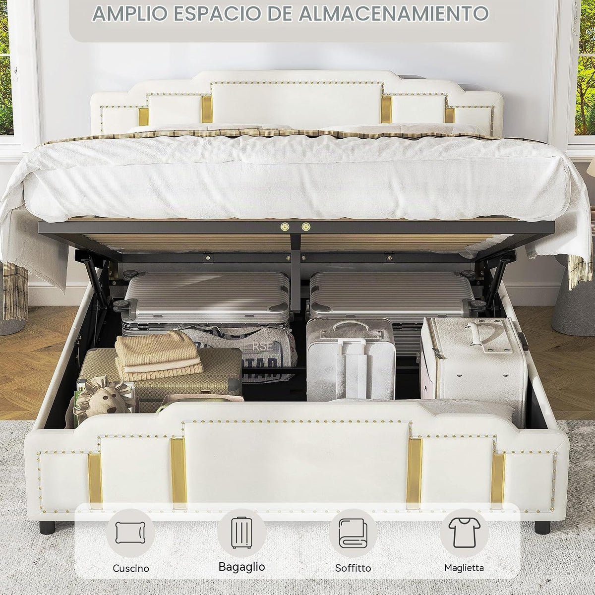 Cama tapizada de 160 x 200 cm con espacio de almacenamiento e iluminación LED, cama doble hidráulica con detalles dorados, cama de terciopelo de lujo con sincronización de música y