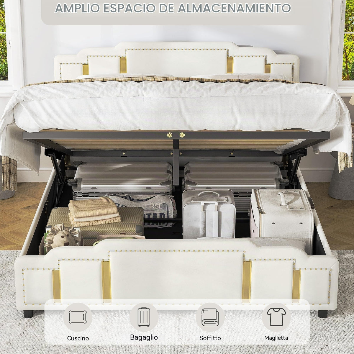 Cama tapizada de 160 x 200 cm con espacio de almacenamiento e iluminación LED, cama doble hidráulica con detalles dorados, cama de terciopelo de lujo con sincronización de música y