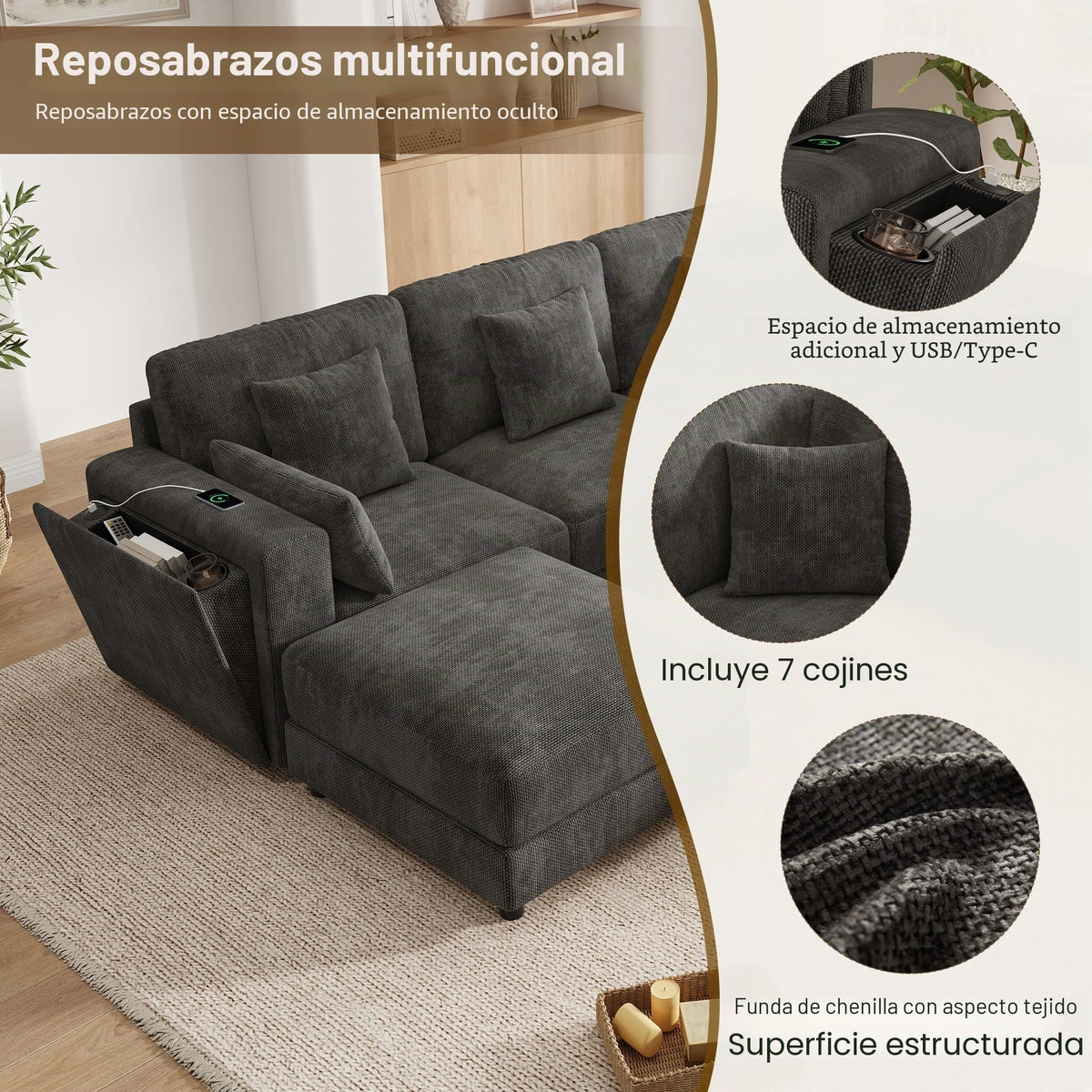 Sofá modular de 6 plazas, sofá esquinero en forma de L/U, puertos USB/tipo C, portavasos y espacio de almacenamiento, tela de chenilla, 7 cojines, salón, dormitorio y oficina, color beige