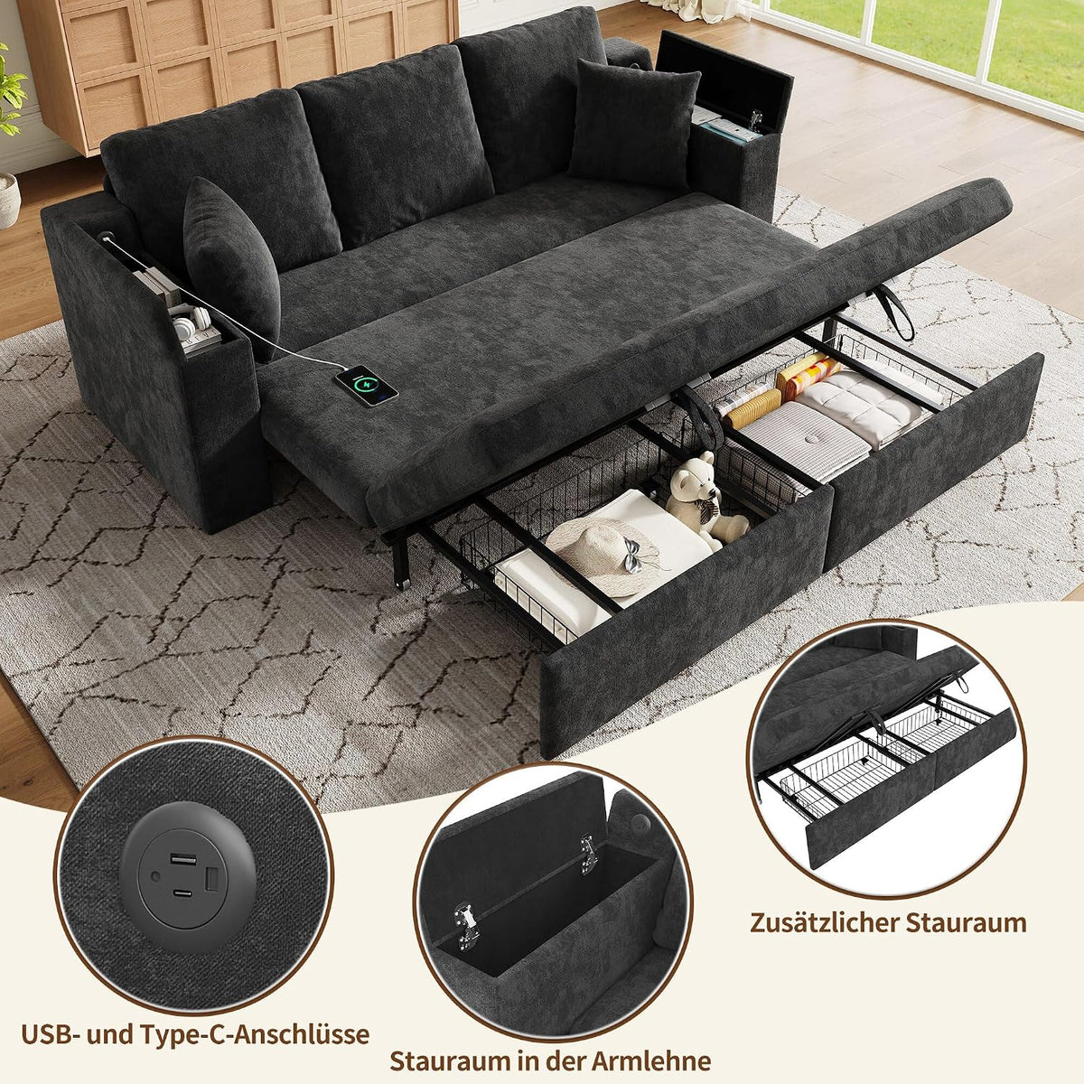 Sofá cama de 210 cm, multifuncional, 3 plazas, con función de dormir, sofá cama extensible, sofá con espacio de almacenamiento, reposabrazos y puerto de carga USB, para salón y dormitorio, color