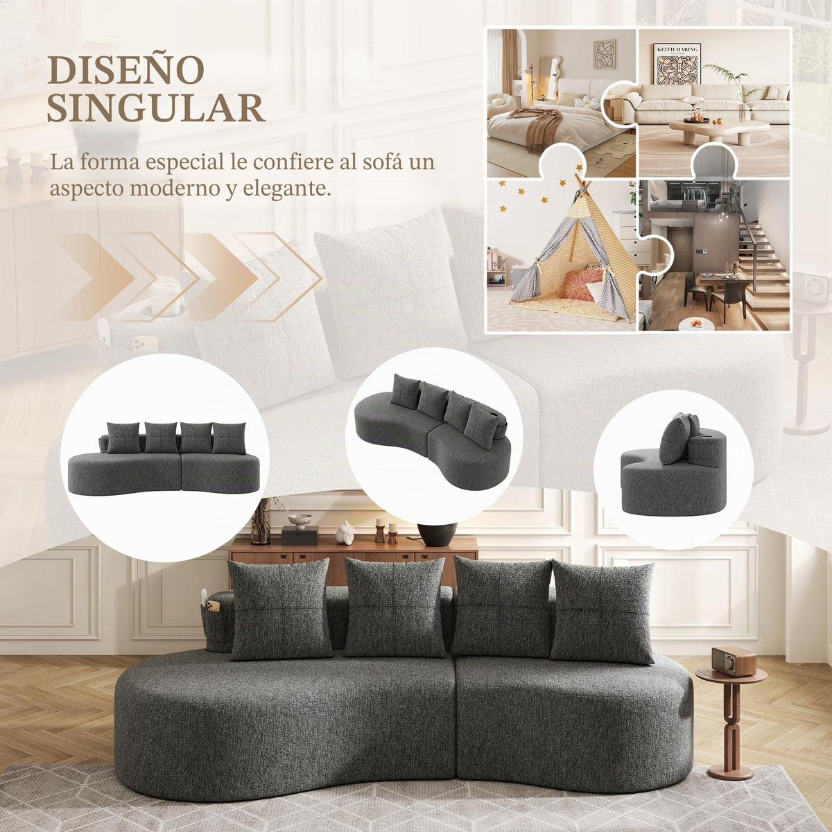 Bladez Sofá esquinero moderno curvado de 5 plazas, sofá modular de terciopelo, diseño curvado, cómodo sofá tapizado, cómodo sofá tapizado con cojines, adecuado para salón y apartamento, color blanco