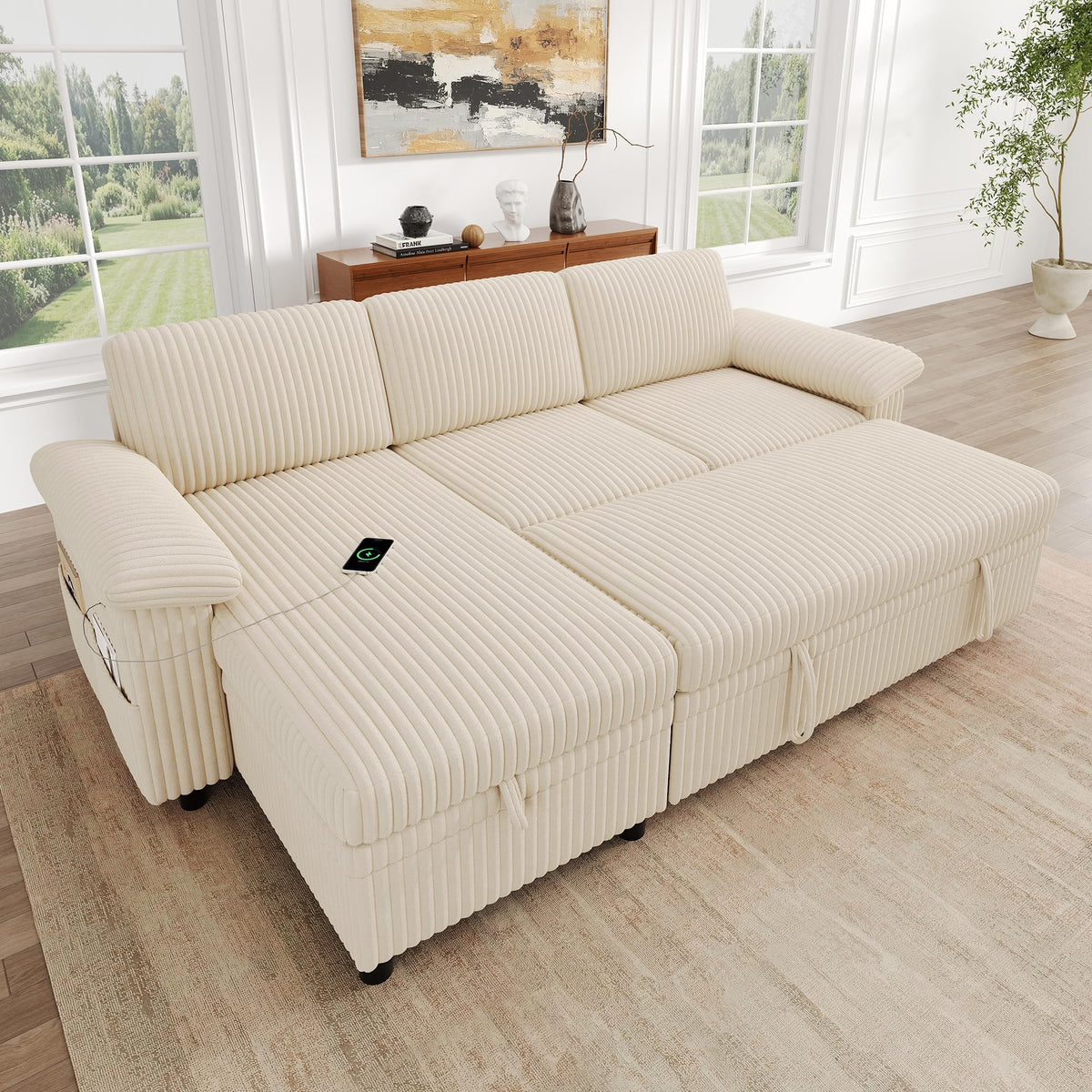Sofá modular de 3 plazas con función cama extensible y USB/Type-C, sofá esquinero en forma de L con reposacabezas semifijos y compartimento de almacenamiento, sofás con chaise longue