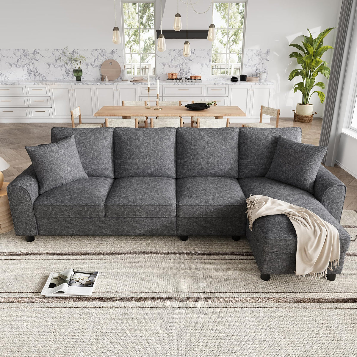 Sofá moderno de chenilla en forma de U con chaise longue, sofá esquinero de 4 plazas con espacio de almacenamiento, puerto USB y tipo C, modular, con soporte para bebidas y cojines suaves