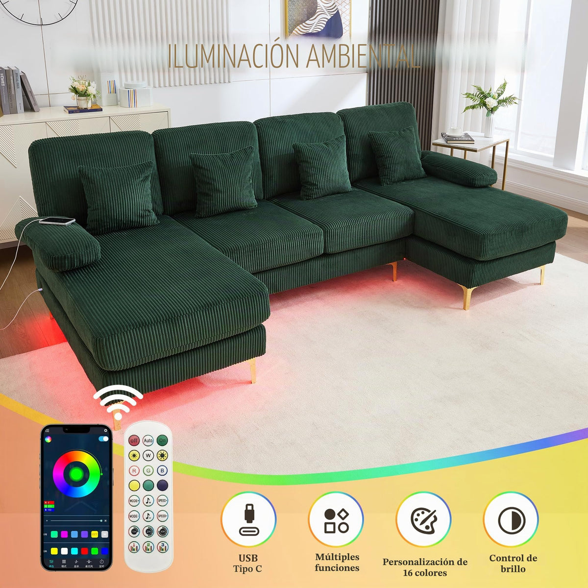 Sapgaks Sofá Seccional en U Moderno,Sofá 4 plazas,Mueble Acolchado de diseño Moderno,Tela de Chenilla (Beige)