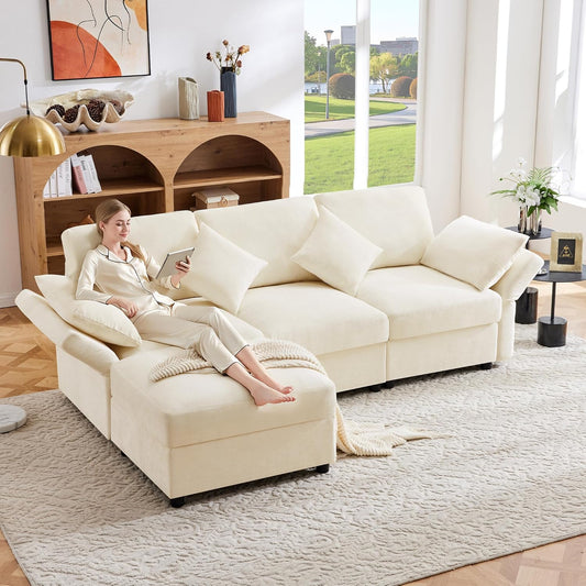 Sofá cama convertible de 3 plazas, sofá esquinero en forma de L con reposapiés, 4 almohadas, reposabrazos ajustables, cómoda tela de chenilla, adecuado para sala de estar, oficina, apartamento
