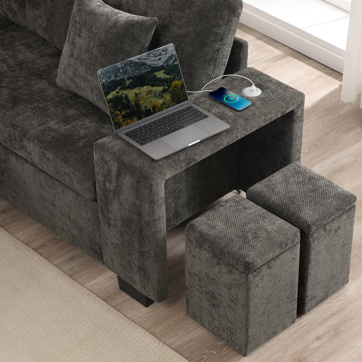 Sapgaks Sofá de esquina convertible de 6 plazas con USB, sofá convertible de 6 plazas, sofá de 6 plazas, en chenilla, con apoyabrazos en forma de librería, puf extraíble para configuraciones en L y en