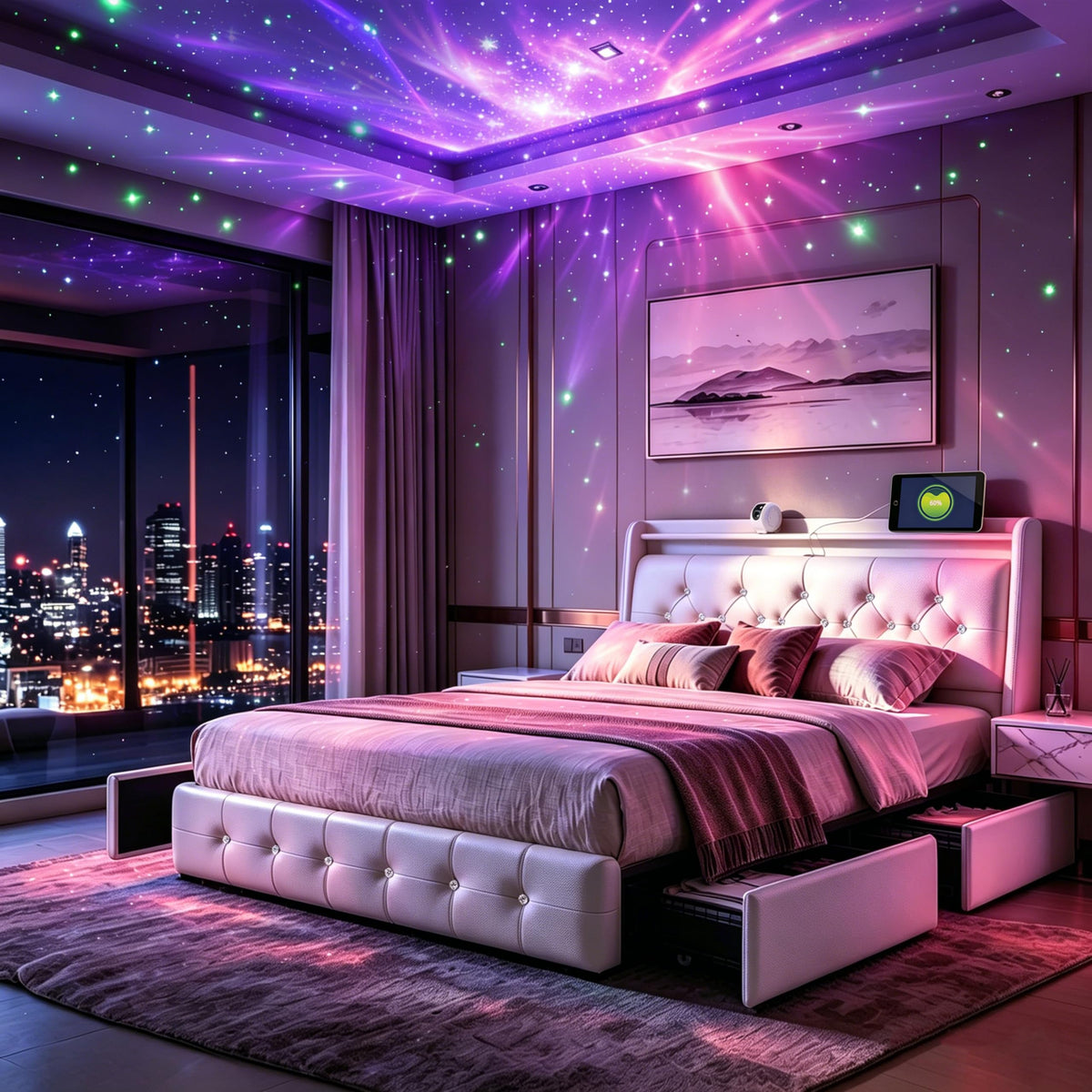 Armazón de Cama de Cuero 140x200cm con luz LED, Blanco
