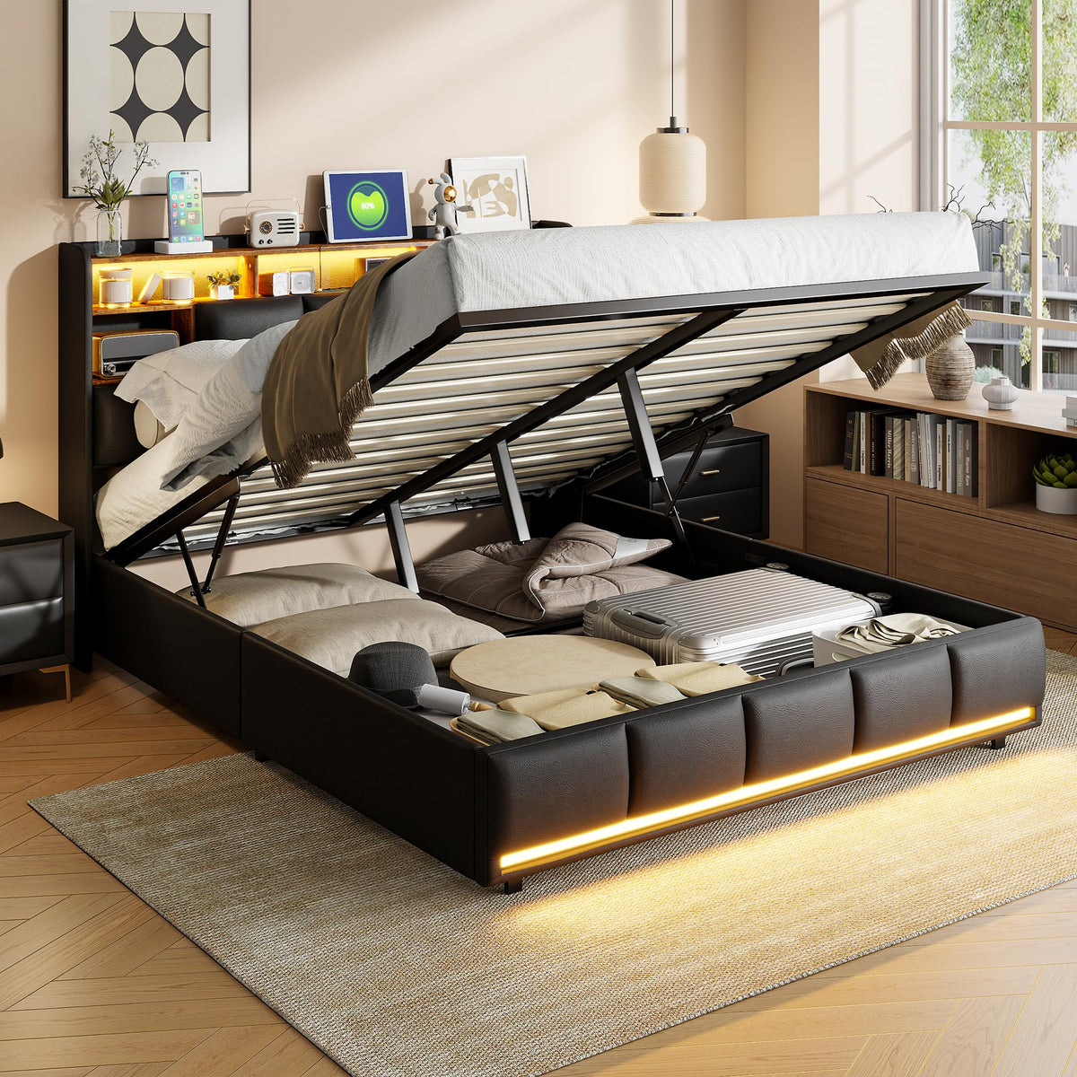 Cama tapizada de 160 x 200 cm, cama doble LED con espacio de almacenamiento, cabecero y función de carga USB C, cama de almacenamiento hidráulico, respaldo con somier de láminas de madera