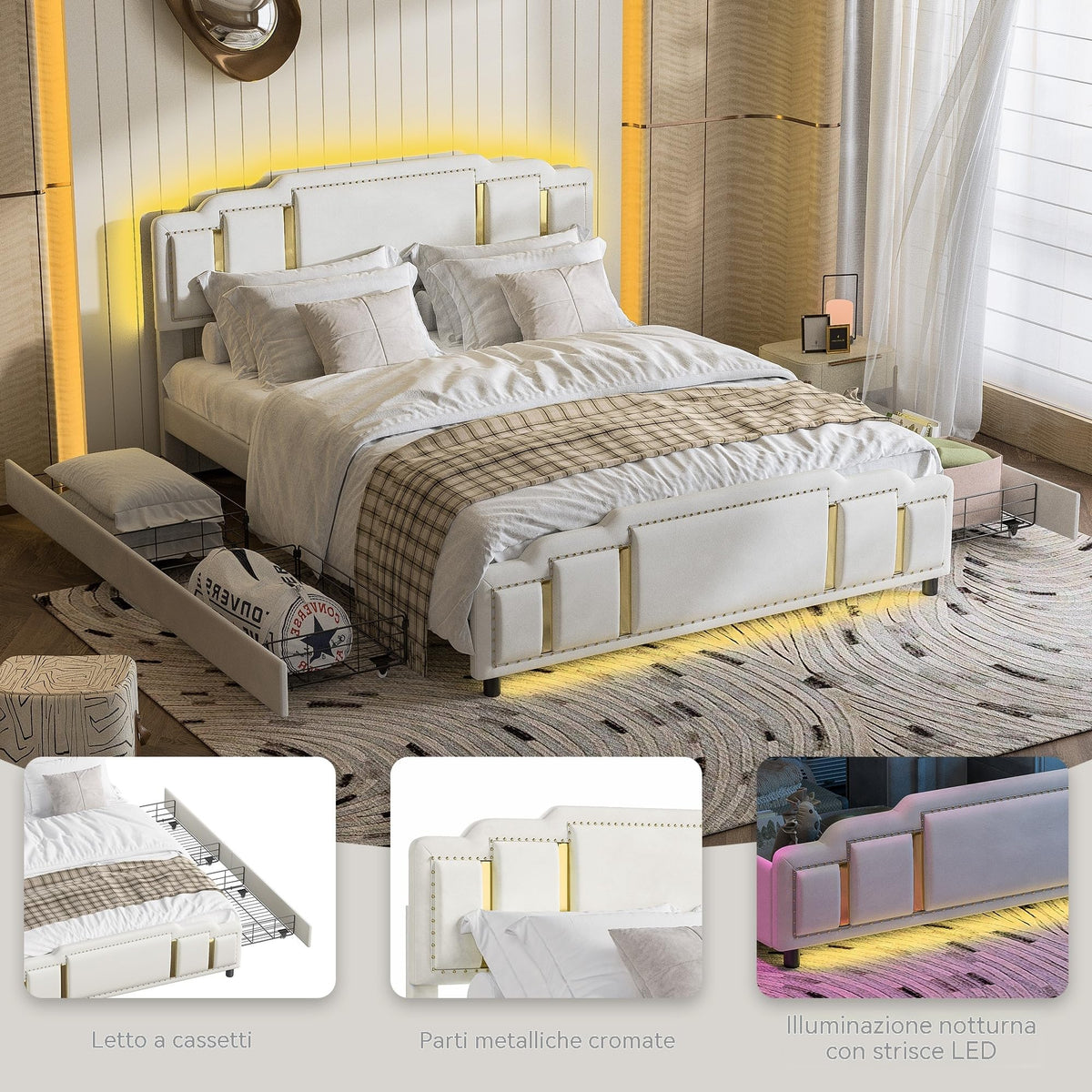 Cama tapizada de 160 x 200 cm con espacio de almacenamiento e iluminación LED, cama doble hidráulica con detalles dorados, cama de terciopelo de lujo con sincronización de música y