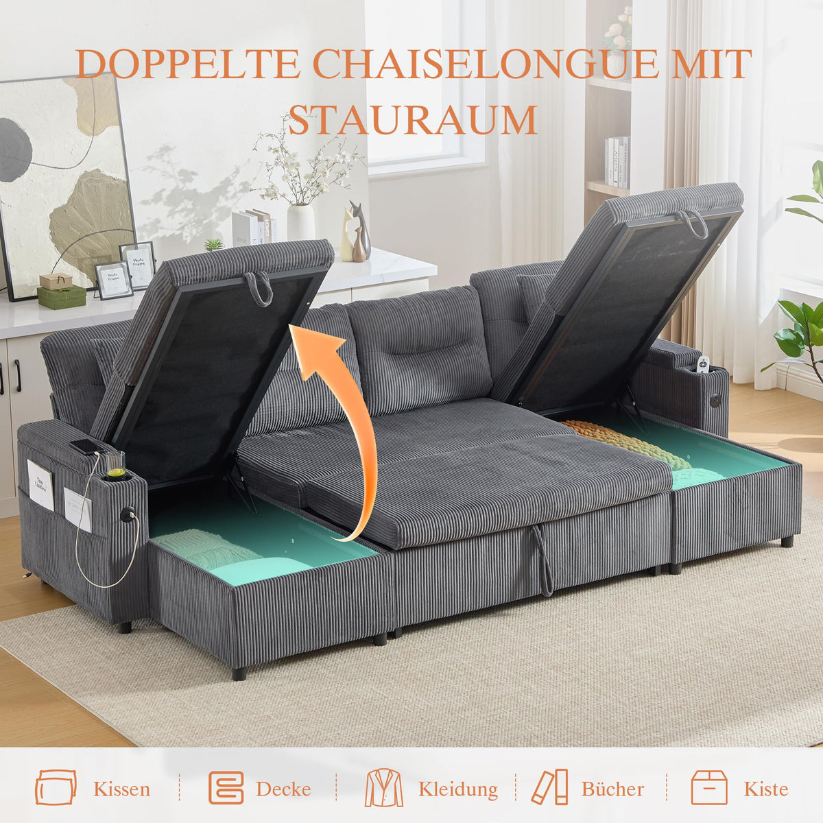 Dolamaní Sofá moderno de 4 plazas de tela de lino con espacio de almacenamiento y función de dormir, sofá cama con cajonera extensible en forma de L para casa y salón (beige B)