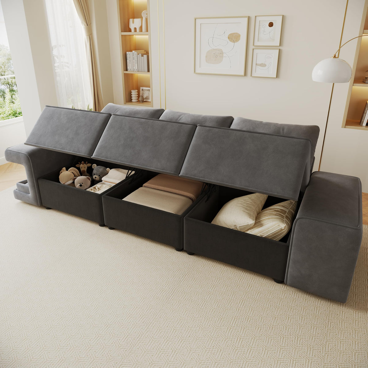 Sofá modular de 6 plazas, sofá esquinero en forma de L/U, puertos USB/tipo C, portavasos y espacio de almacenamiento, tela de chenilla, 7 cojines, salón, dormitorio y oficina, color beige