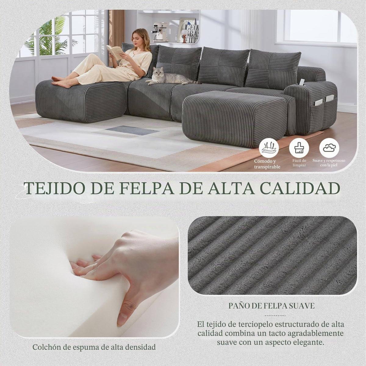 Sofá modular de 200 cm, sofá de 2 plazas con portabebidas y bolsillo de almacenamiento lateral, sofá comprimido de pana, sofá seccional para sala de estar y dormitorio
