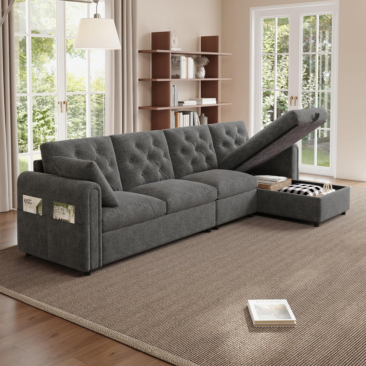 LAKFEW Sofa Cama con Cama Extensible y Taburete Almacenaje, Sofa Rinconera con USB, Lámpara de Lectura, Mesa Plegable con 2 Posavasos, 205x205x85 cm, Gris