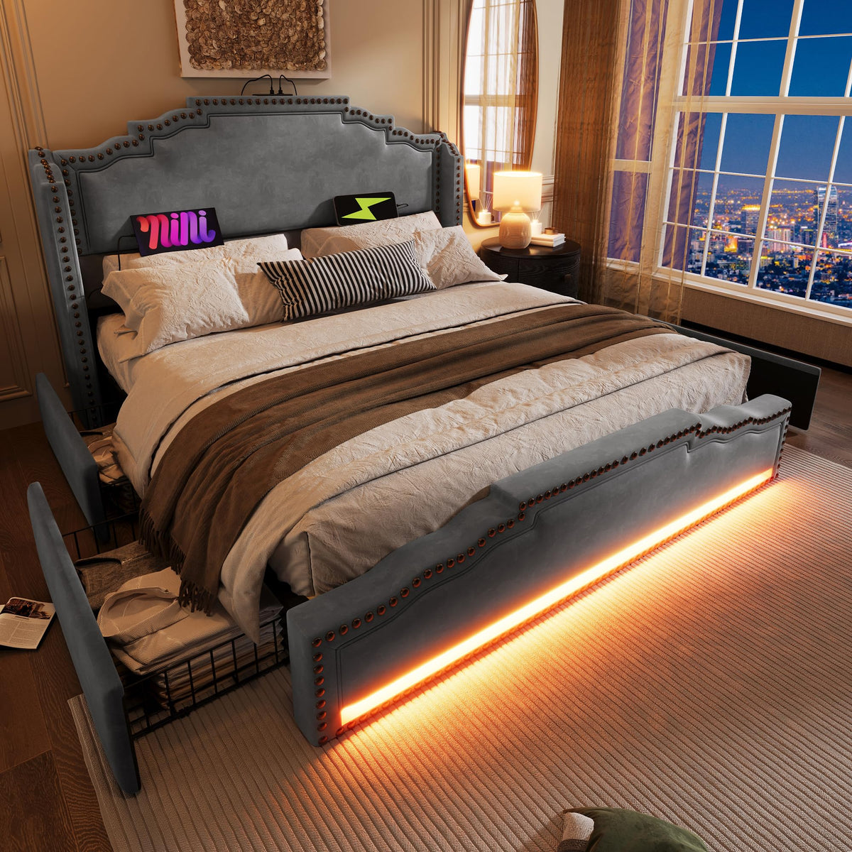 Cama tapizada de 160 x 200 cm, cama doble con 4 cajones, iluminación LED y puerto de carga USB-C, cama de almacenamiento y cama juvenil con somier, terciopelo, beige, sin colchón