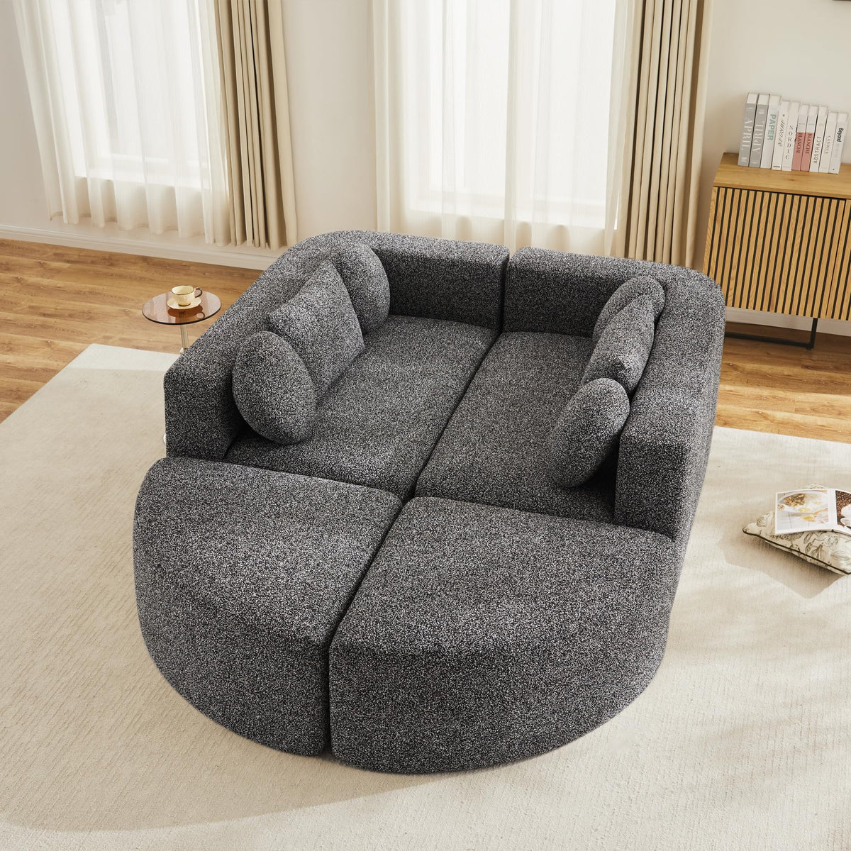 LAKFEW Sofa Cama con Cama Extensible y Taburete Almacenaje, Sofa Rinconera con USB, Lámpara de Lectura, Mesa Plegable con 2 Posavasos, 205x205x85 cm, Gris