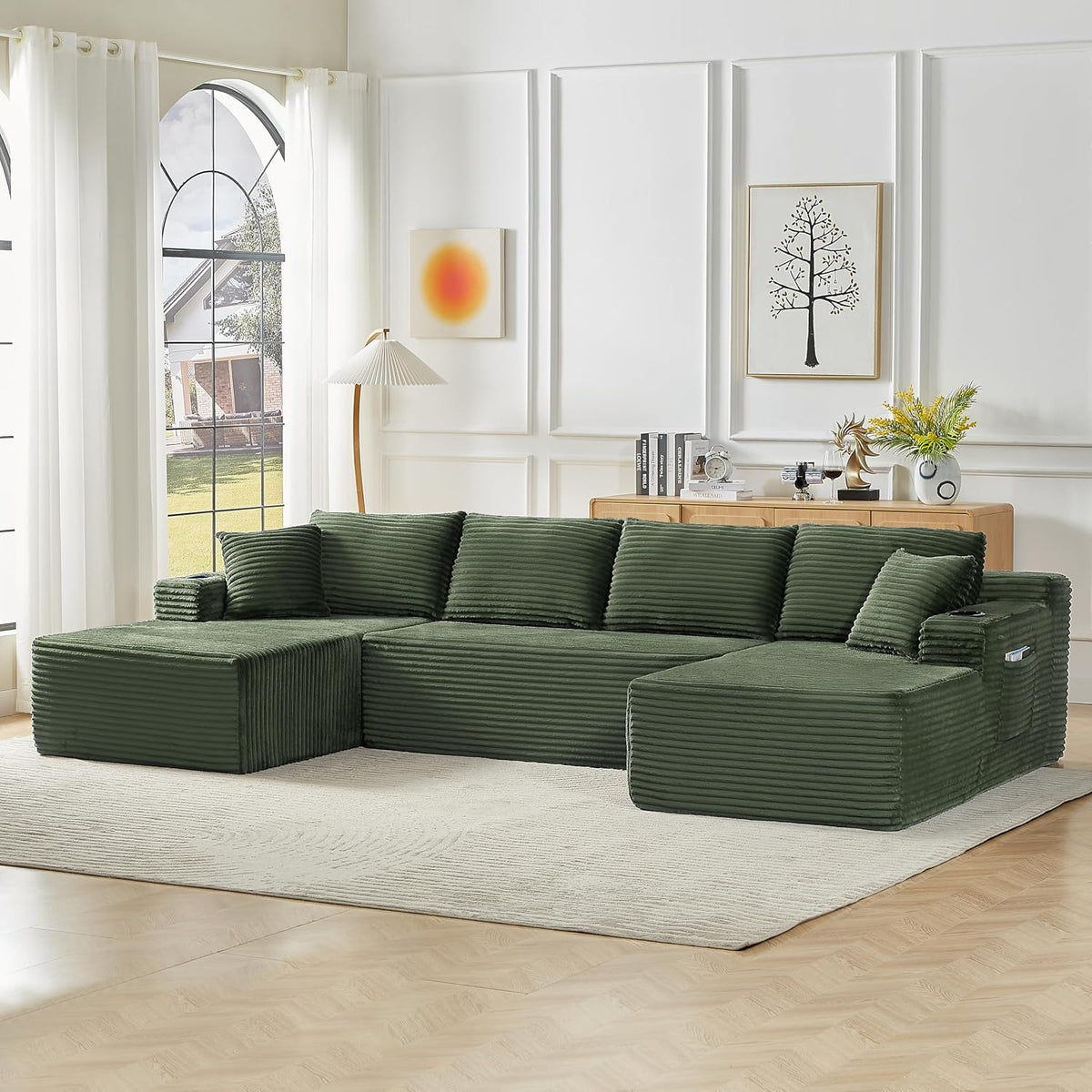 Bladez Sofá esquinero modular en forma de U de pana de 3 plazas gris con otomana