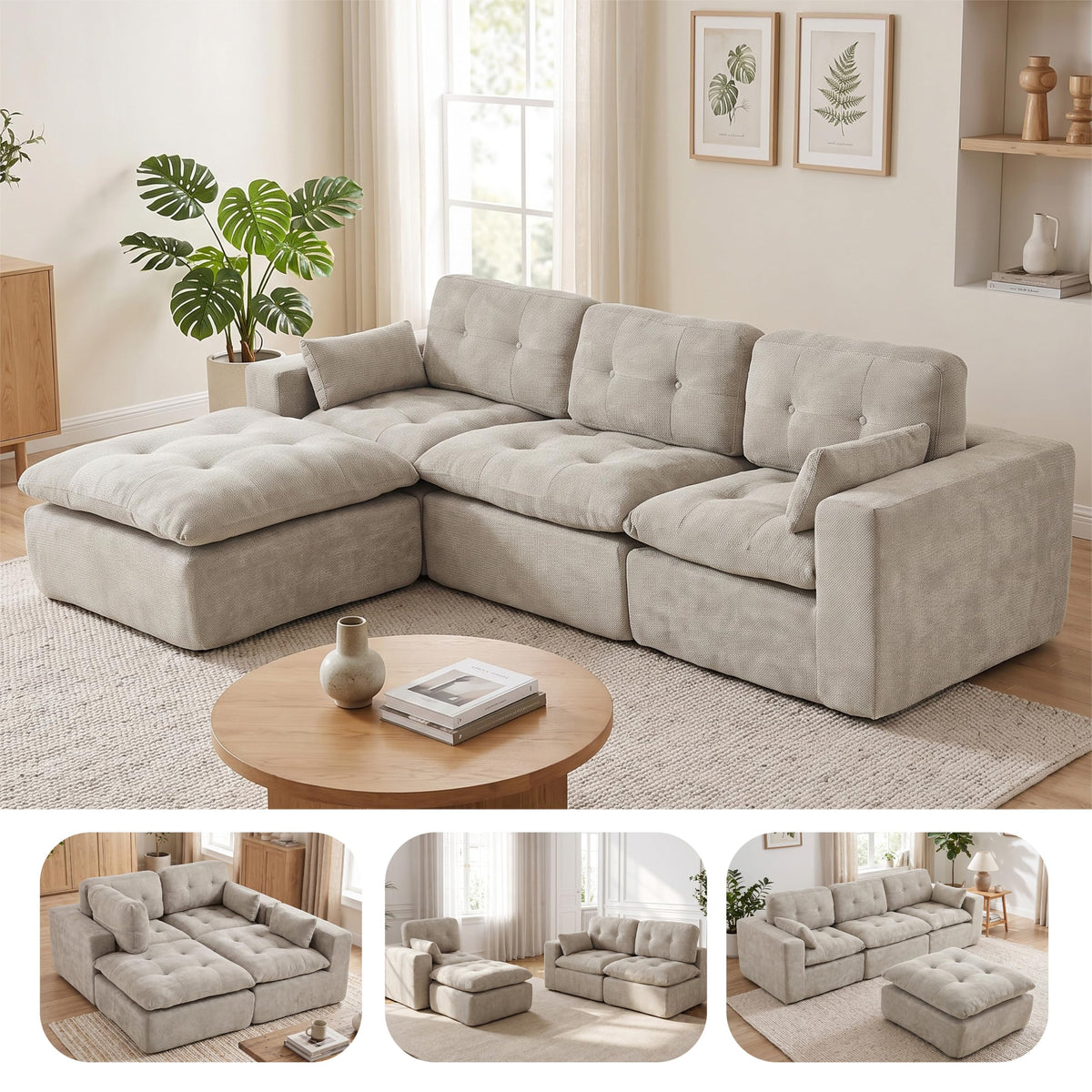 Sofá modular de 3 plazas con función de dormir, asiento extra profundo, felpilla para el hogar, sofá sin marco, sofá cama flexible para salón, verde